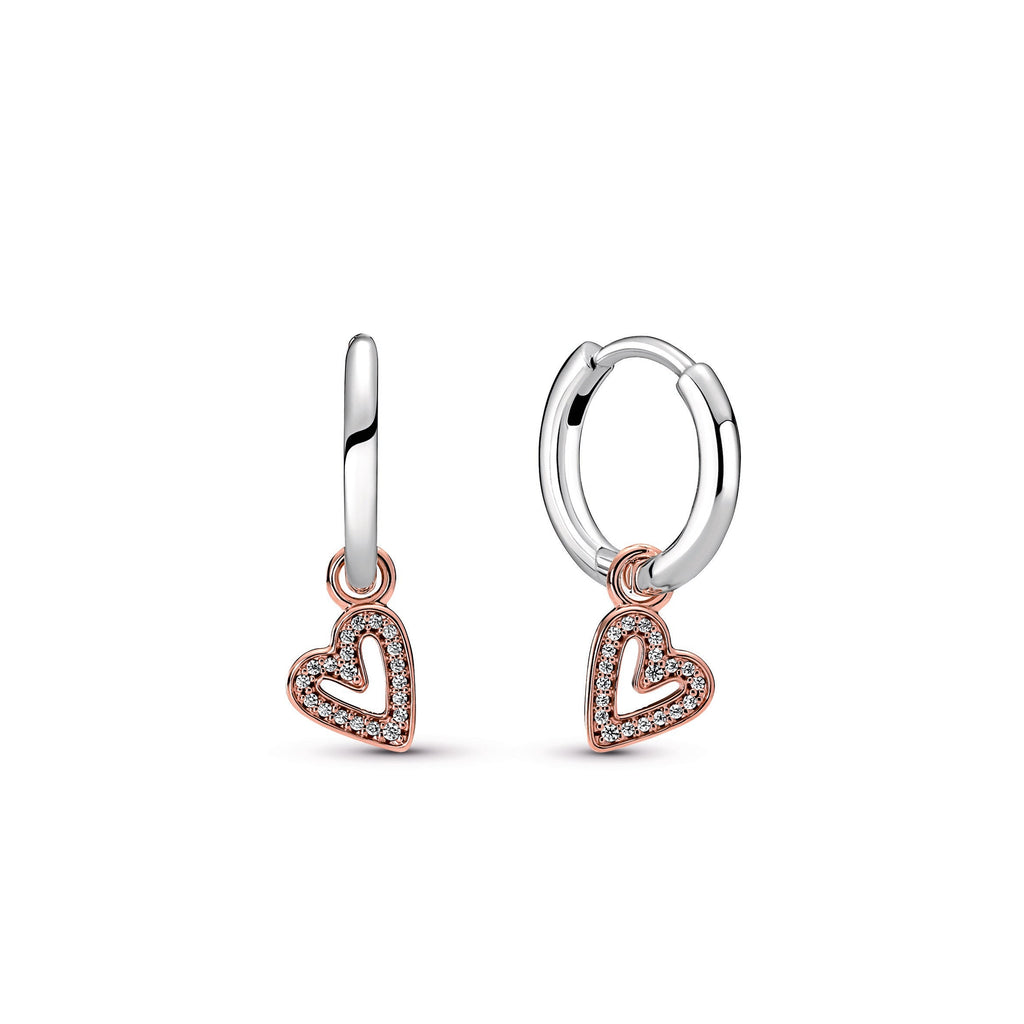 PANDORA Sparkling Freehand Heart Hoop Earrings 14K Rose Gold Plated Unique Metal Blend Love Statement Ring Jewelry Gift