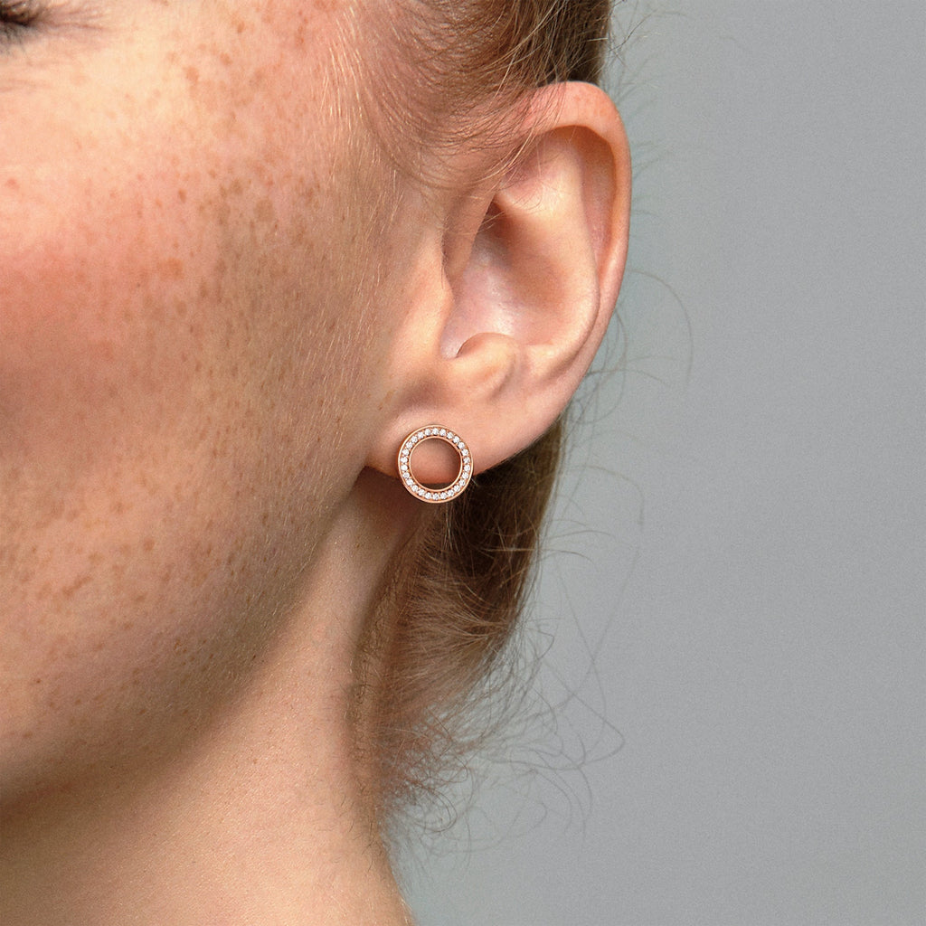 PANDORA Sparkling Circle Stud Earrings 14K Rose Gold Plated Unique Metal Blend Statement Ring Jewelry Gift