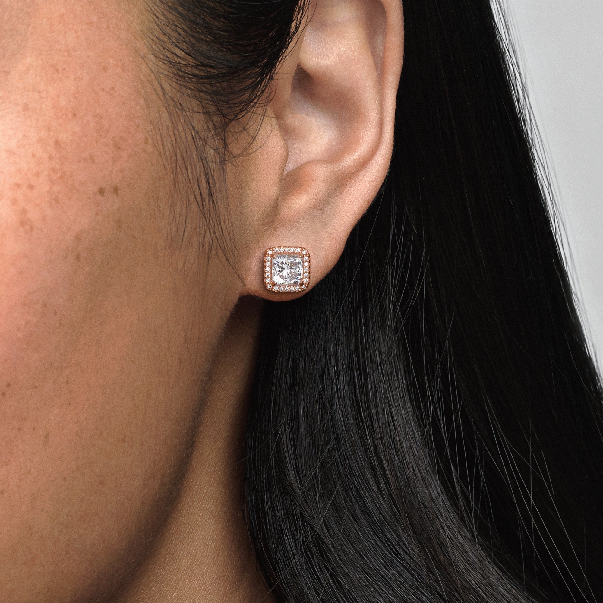 PANDORA Square Sparkle Halo Stud Earrings 14K Rose Gold Plated Unique Metal Blend Weddings Statement Ring Jewelry Gift