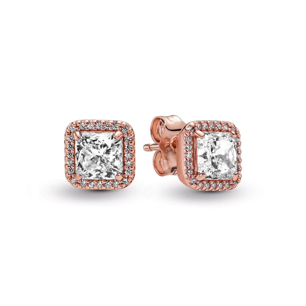 PANDORA Square Sparkle Halo Stud Earrings 14K Rose Gold Plated Unique Metal Blend Weddings Statement Ring Jewelry Gift