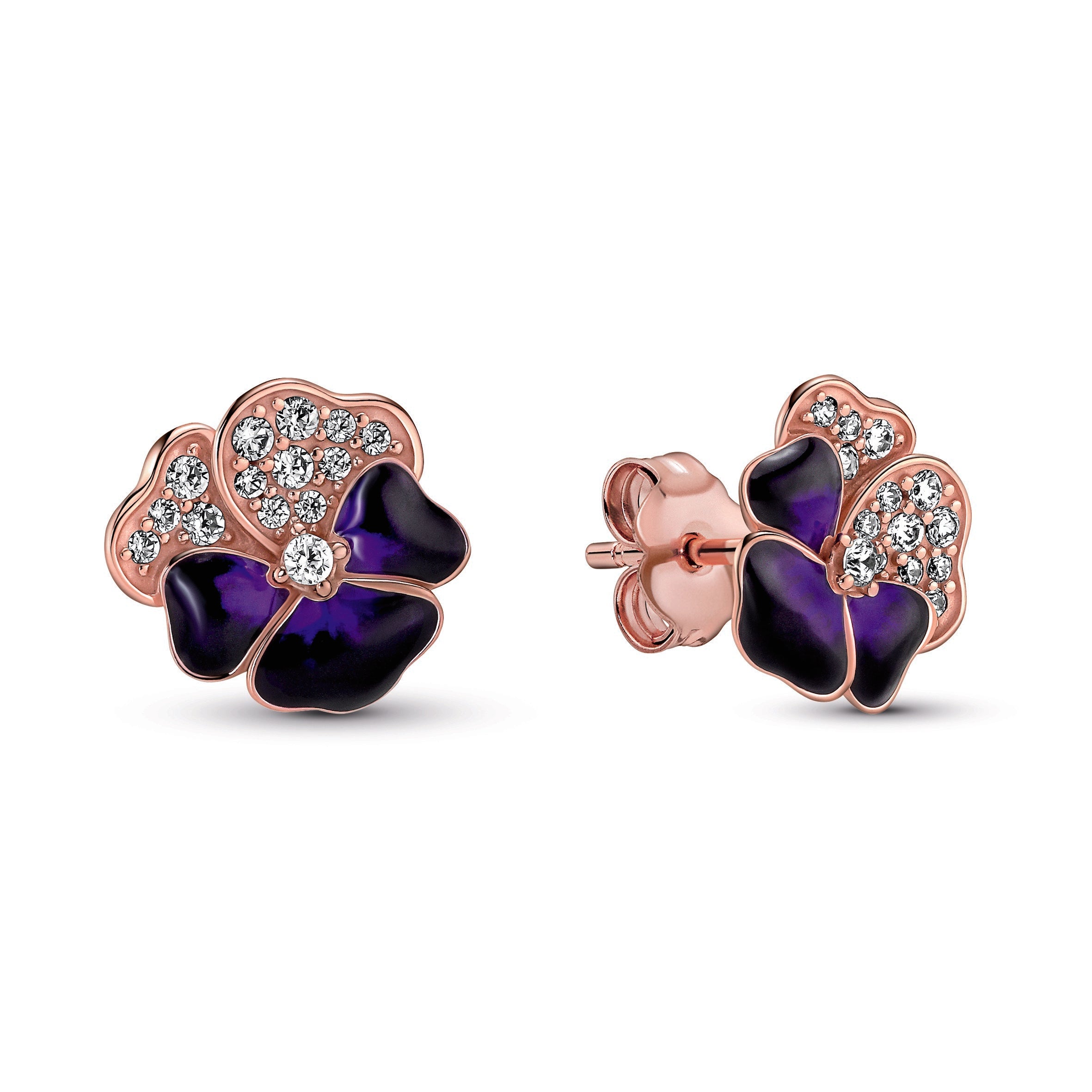 PANDORA Deep Purple Pansy Flower Stud Earrings 14K Rose Gold Plated Unique Metal Blend Statement Ring Jewelry Gift