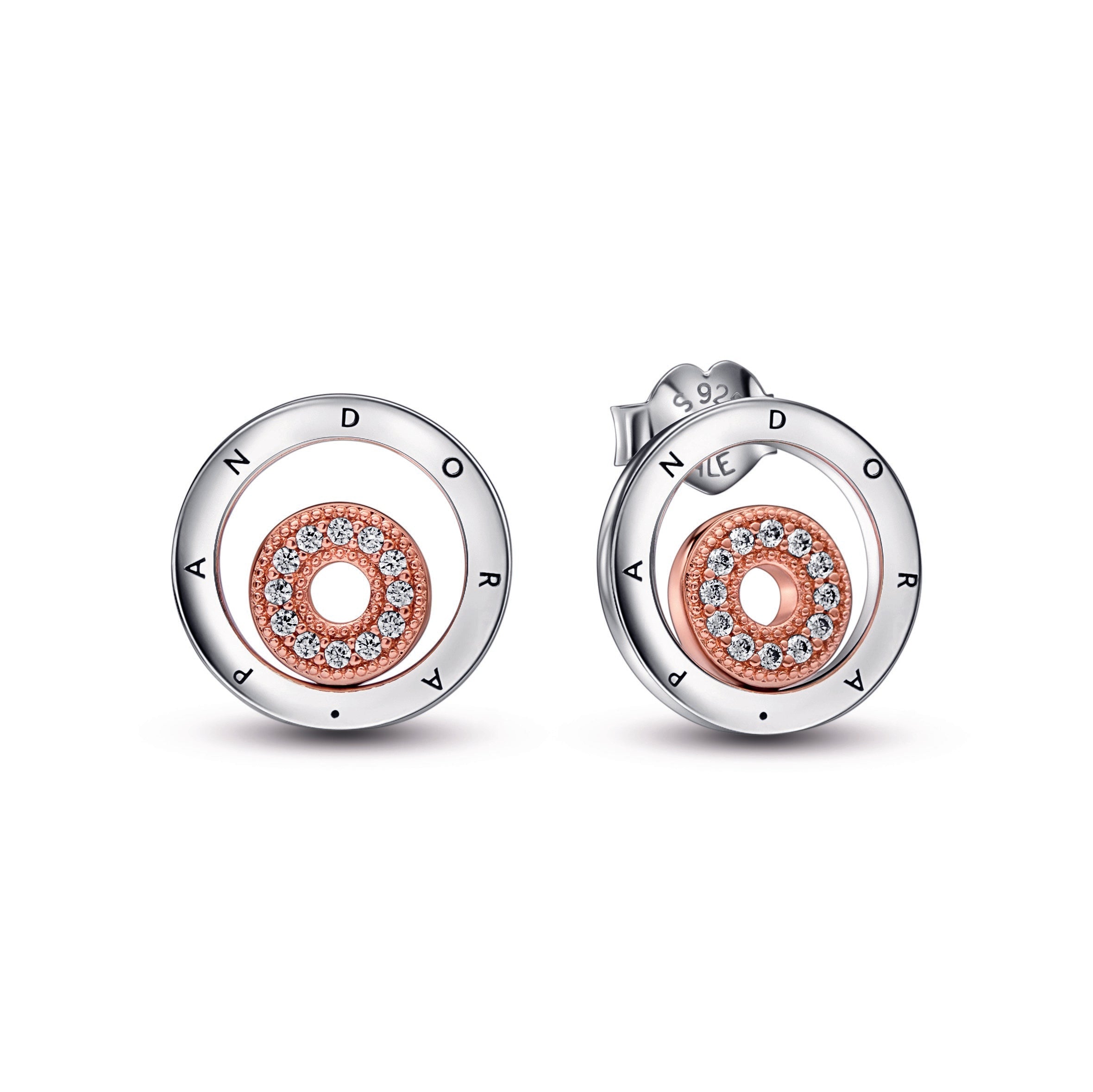 PANDORA Signature Two-tone Logo Circles Stud Earrings 14K Rose Gold Plated Unique Metal Blend Statement Ring Jewelry Gift