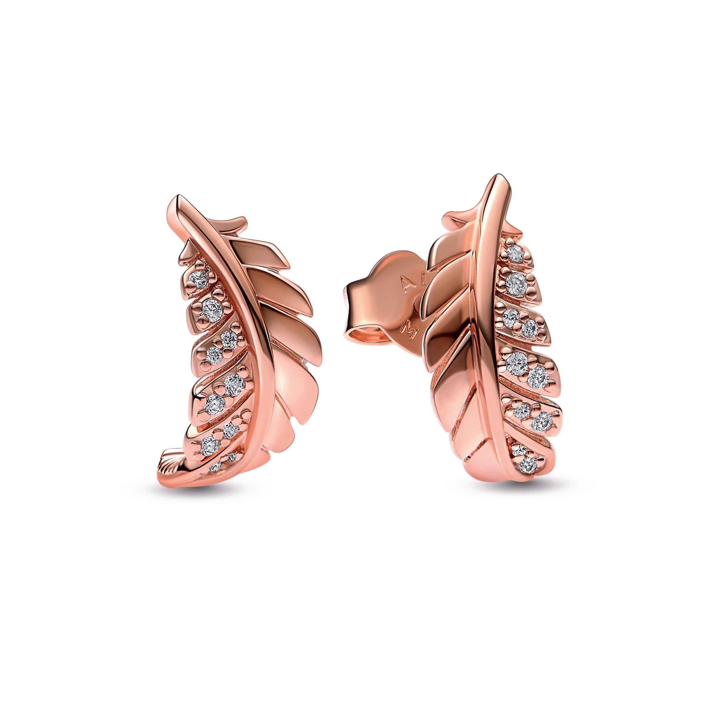PANDORA Floating Curved Feather Stud Earrings 14K Rose Gold Plated Unique Metal Blend Statement Ring Jewelry Gift