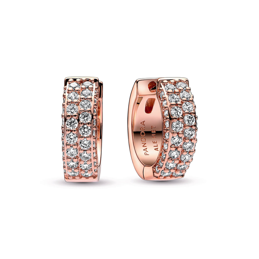 PANDORA Timeless Pavé Double-row Hoop Earrings 14K Rose Gold Plated Unique Metal Blend Weddings Statement Ring Jewelry Gift