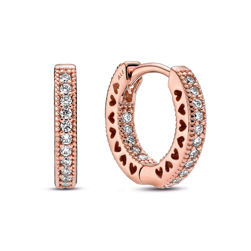 PANDORA Pavé Heart Hoop Earrings 14K Rose Gold Plated Unique Metal Blend Statement Ring Jewelry Gift
