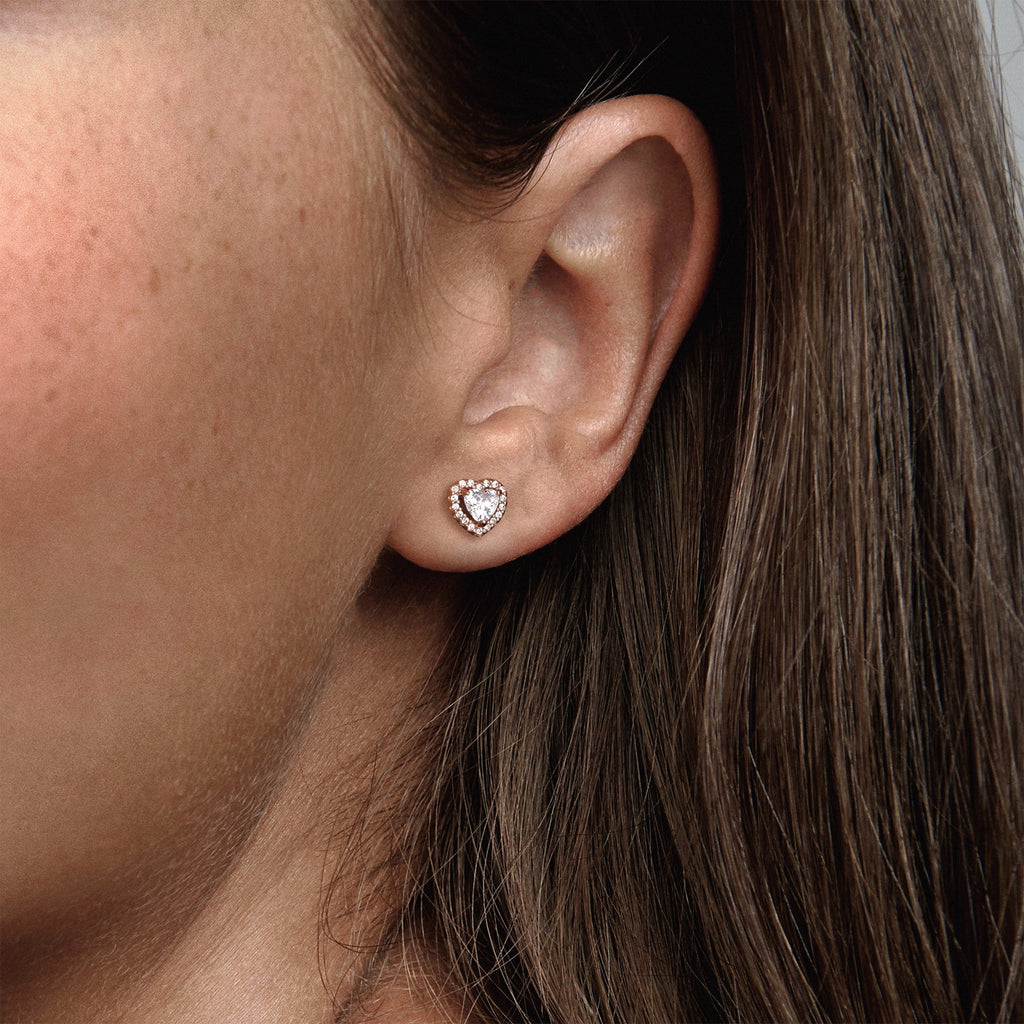 PANDORA Sparkling Elevated Heart Stud Earrings 14K Rose Gold Plated Unique Metal Blend Love Statement Ring Jewelry Gift