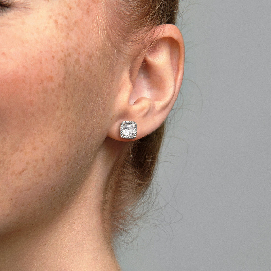 PANDORA Square Sparkle Halo Stud Earrings Cubic Zirconia Statement Ring Jewelry Gift