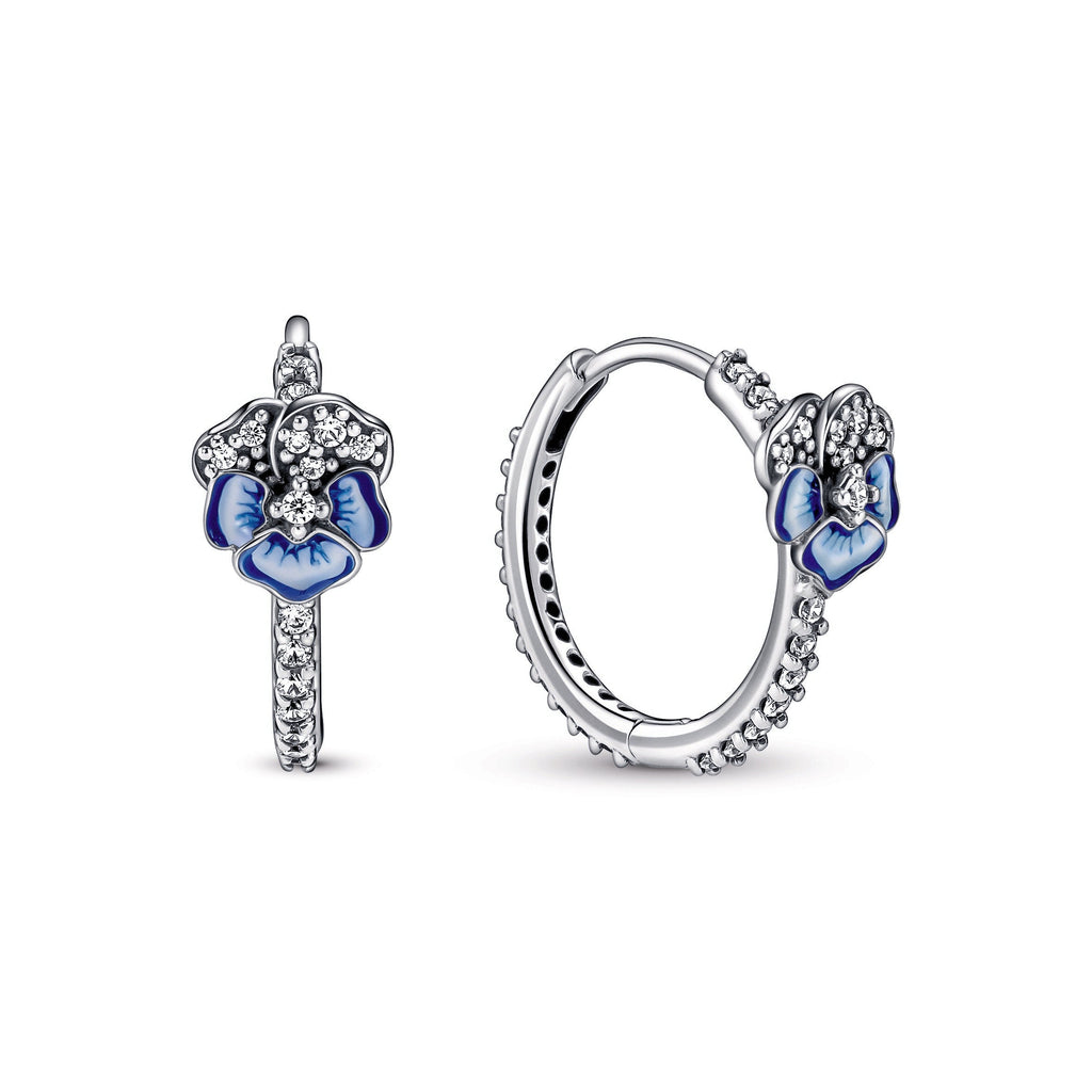 PANDORA Blue Pansy Flower Hoop Earrings Cubic Zirconia Statement Ring Jewelry Gift