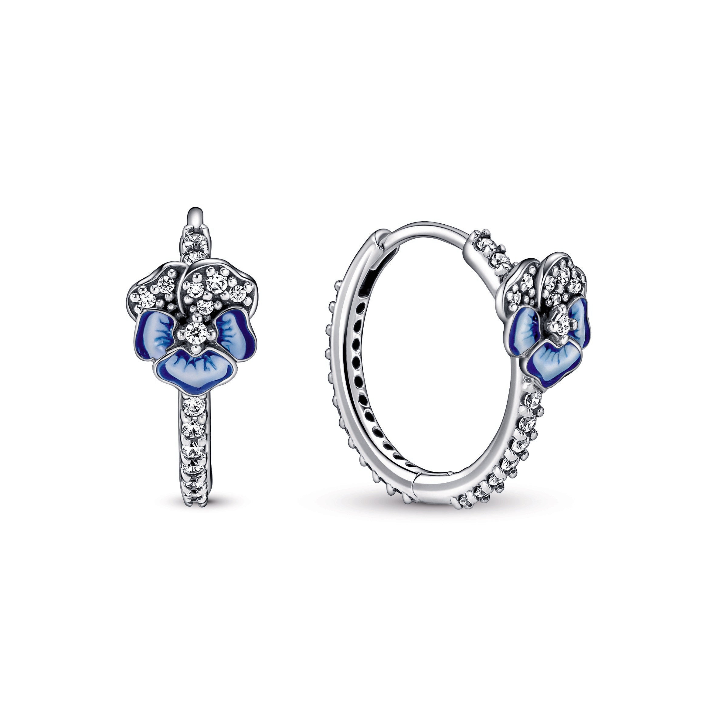 PANDORA Blue Pansy Flower Hoop Earrings Cubic Zirconia Statement Ring Jewelry Gift