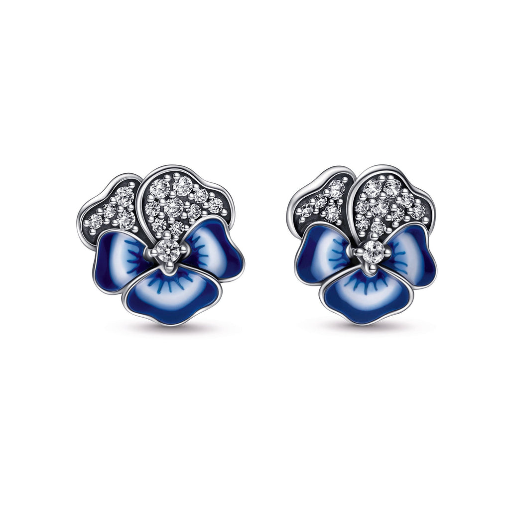 PANDORA Blue Pansy Flower Stud Earrings Enamel Statement Ring Jewelry Gift