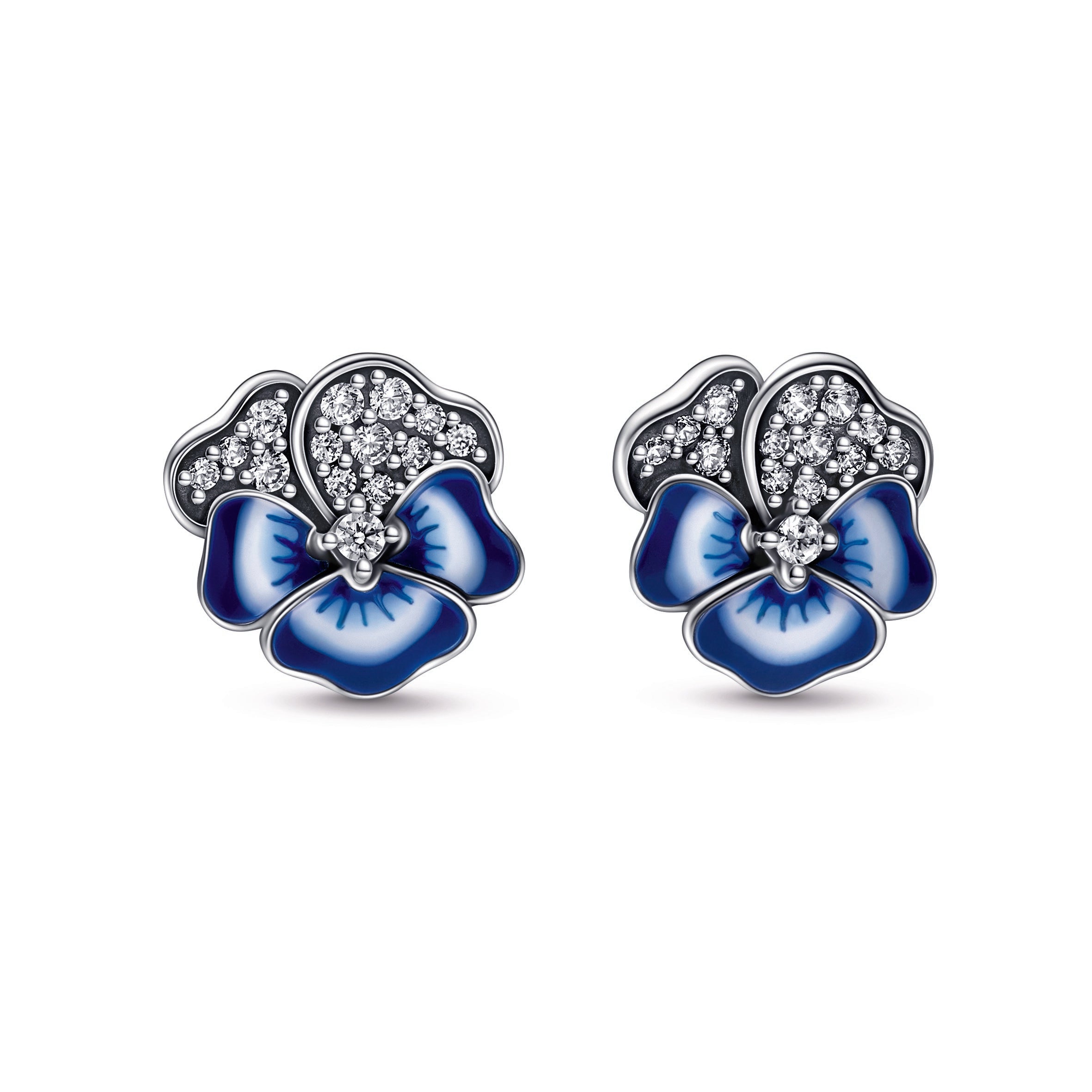PANDORA Blue Pansy Flower Stud Earrings Enamel Statement Ring Jewelry Gift