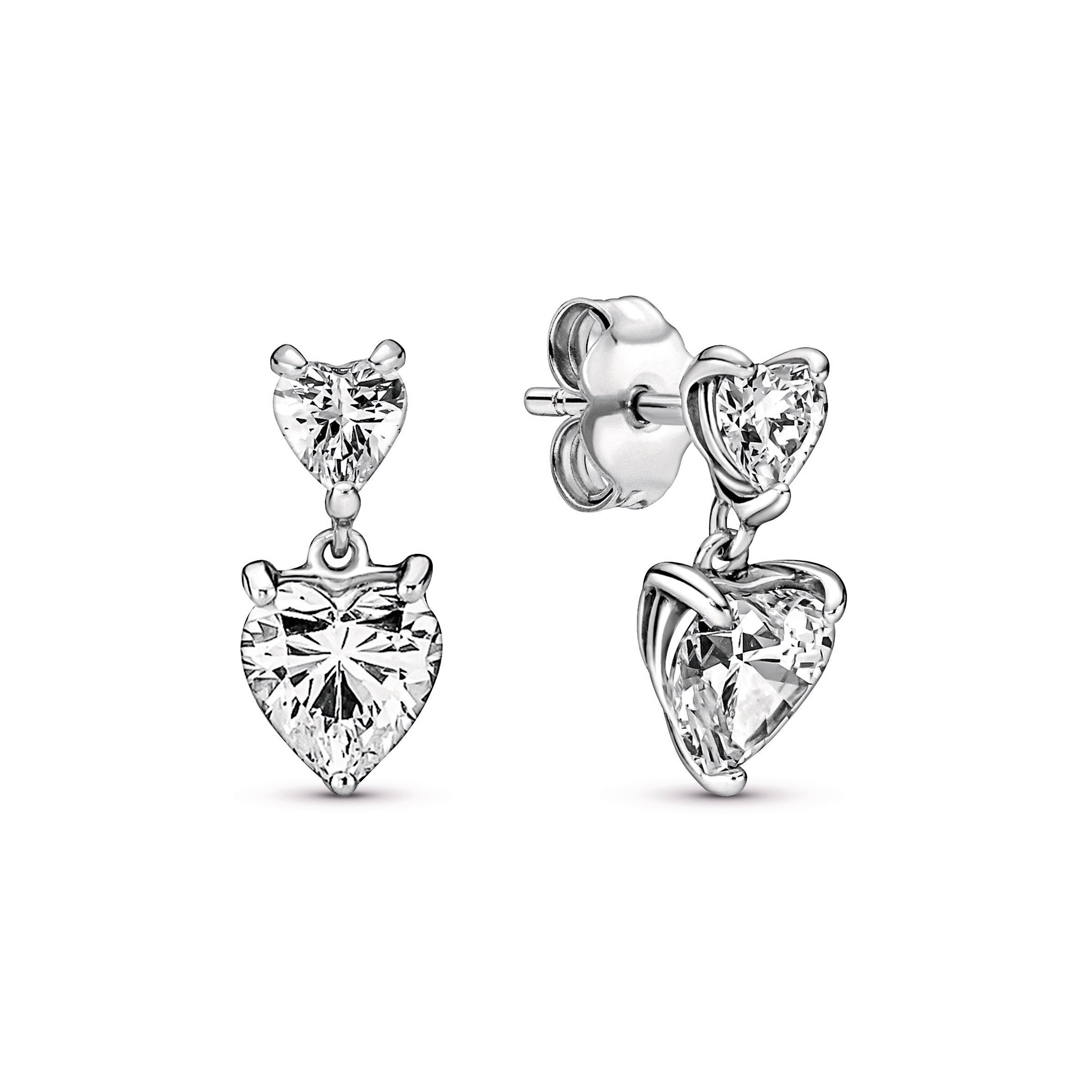 PANDORA Double Heart Sparkling Stud Earrings Cubic Zirconia Statement Ring Jewelry Gift