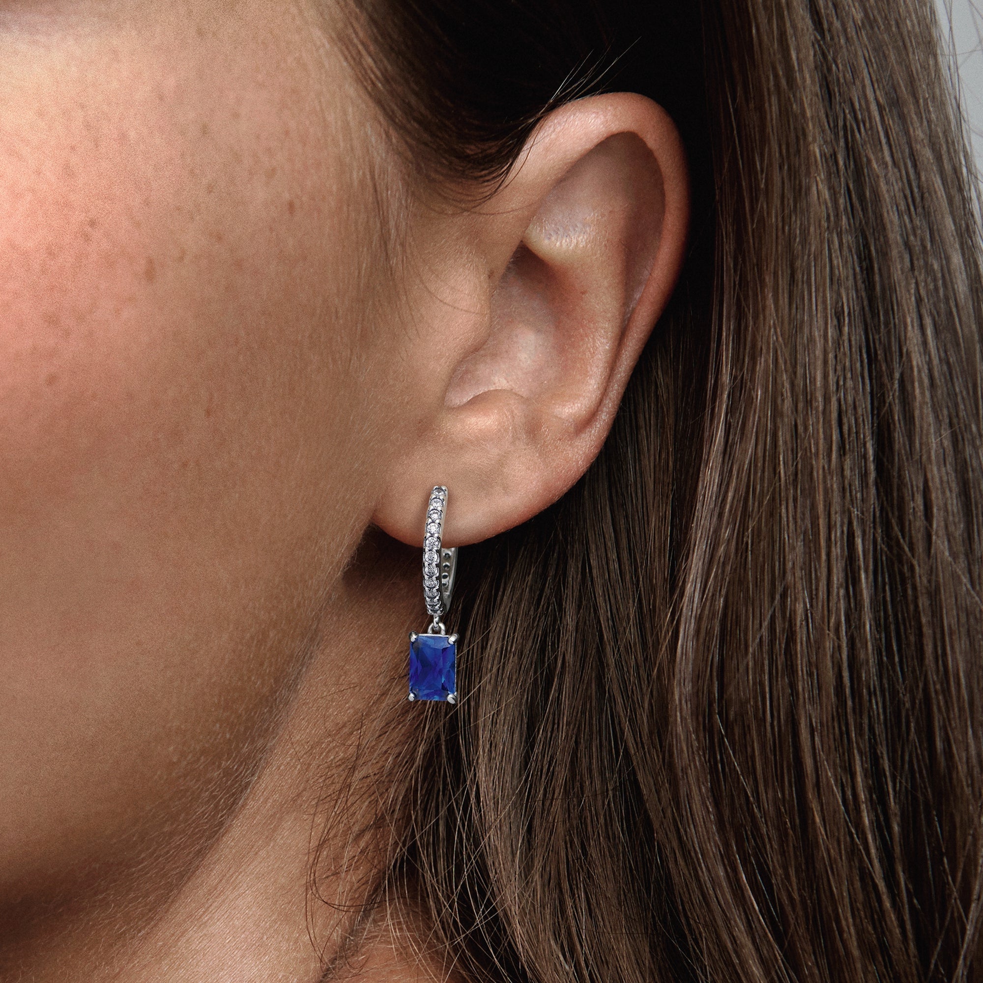 PANDORA Blue Rectangular Sparkling Hoop Earrings Crystals Statement Ring Jewelry Gift