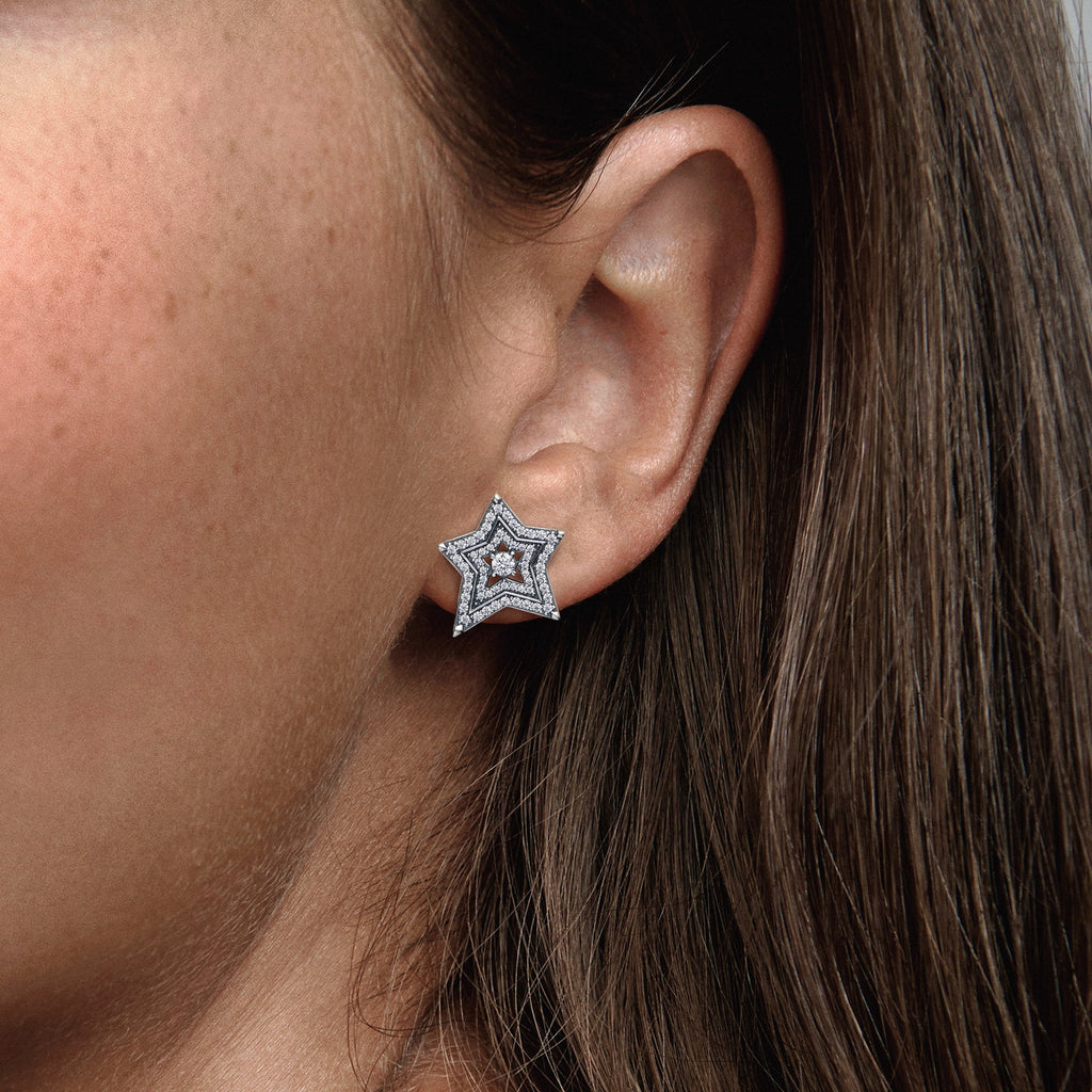 PANDORA Celestial Asymmetric Star Stud Earrings Cubic Zirconia Statement Ring Jewelry Gift