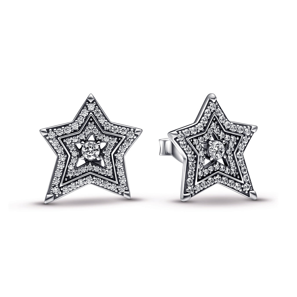 PANDORA Celestial Asymmetric Star Stud Earrings Cubic Zirconia Statement Ring Jewelry Gift
