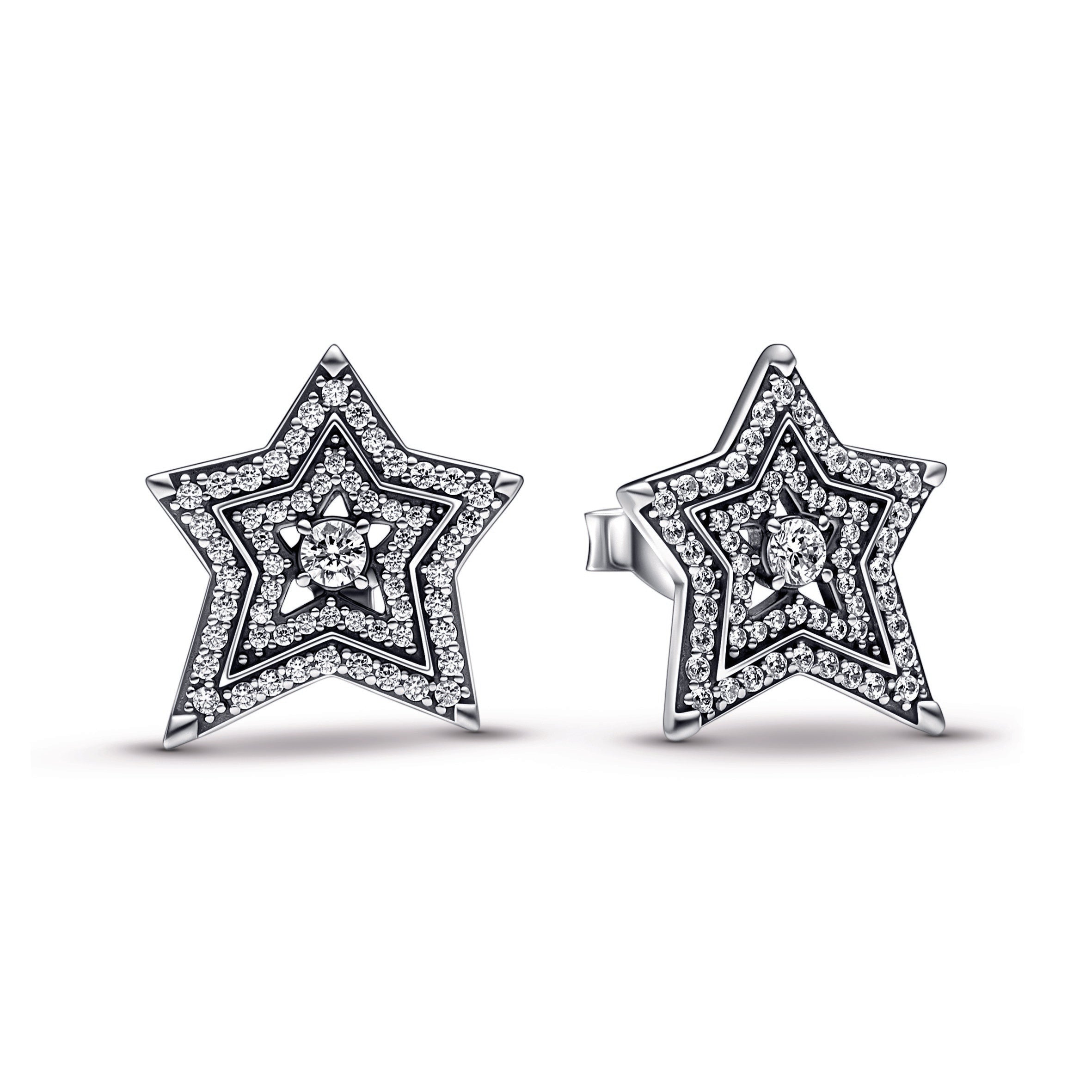 PANDORA Celestial Asymmetric Star Stud Earrings Cubic Zirconia Statement Ring Jewelry Gift