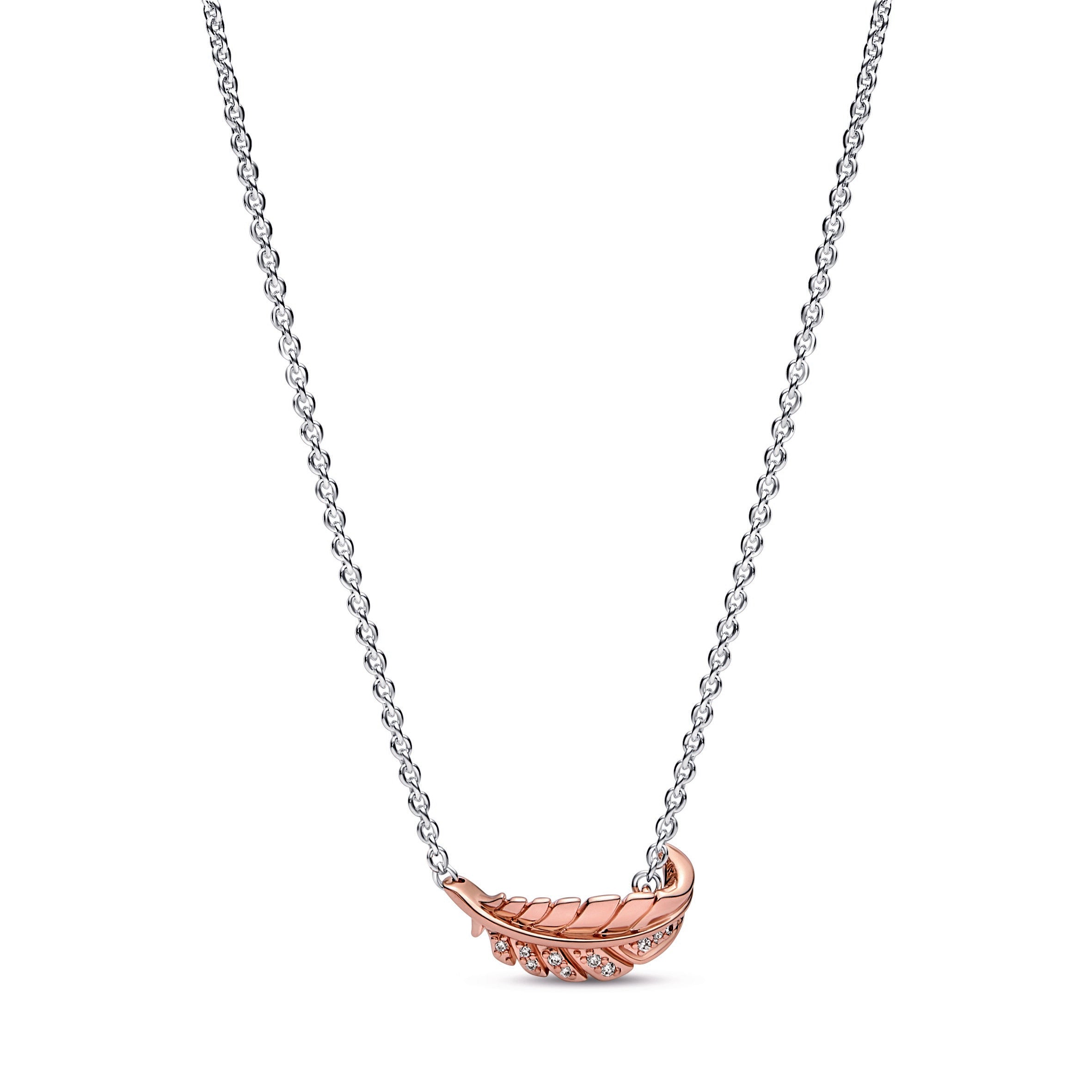 PANDORA Two-Tone Floating Curved Feather Collier Necklace 14K Rose Gold Plated Unique Metal Blend Necklaces And Pendants Pendant Necklace Jewelry Gift
