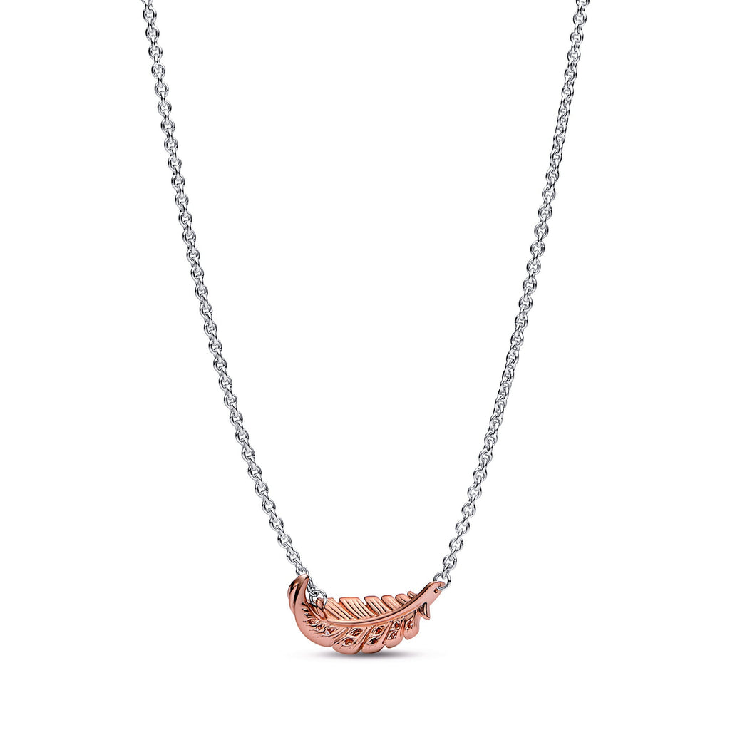 PANDORA Two-Tone Floating Curved Feather Collier Necklace 14K Rose Gold Plated Unique Metal Blend Necklaces And Pendants Pendant Necklace Jewelry Gift