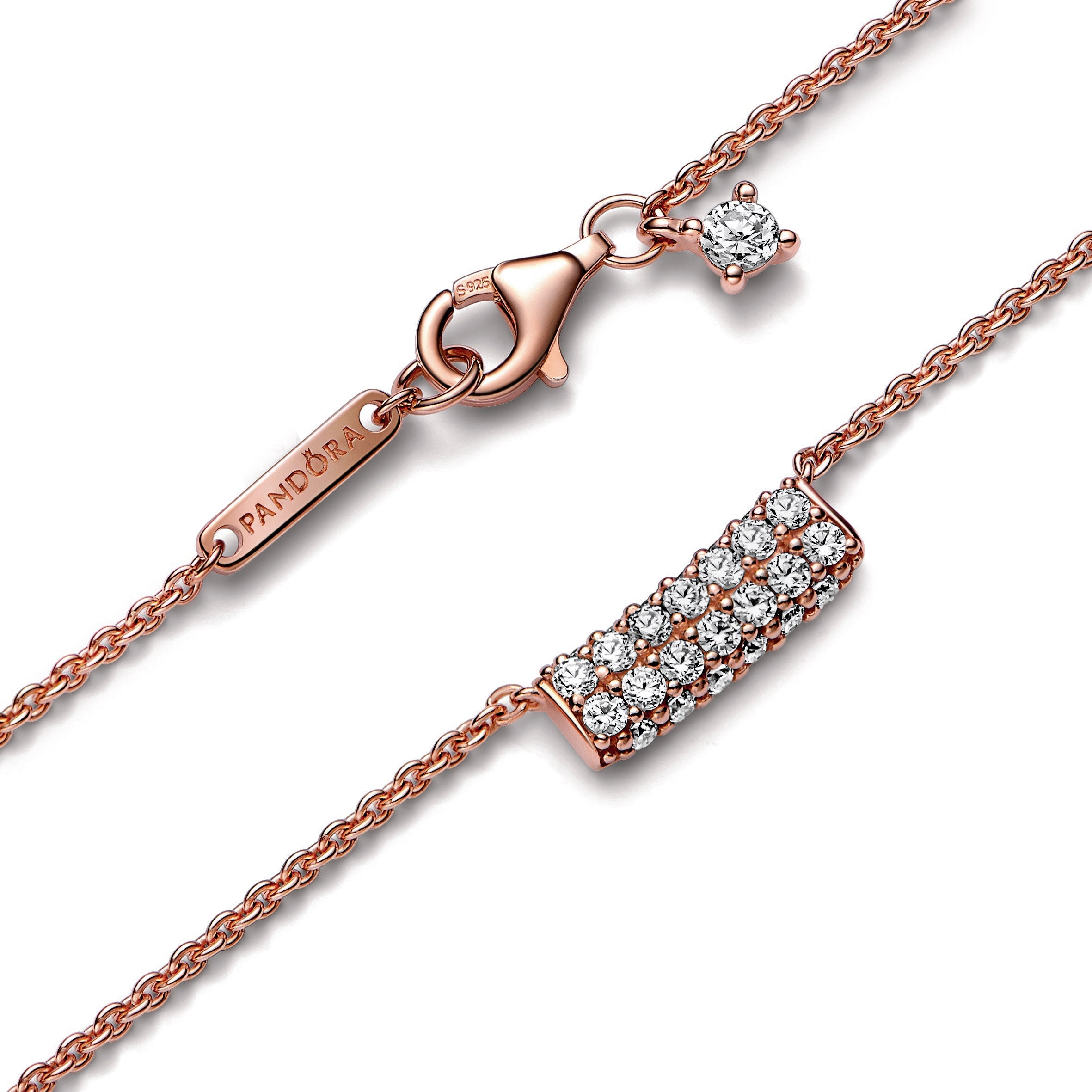 PANDORA Timeless Pavé Double-row Bar Collier Necklace 14K Rose Gold Plated Unique Metal Blend Pink Weddings Necklaces And Pendants Pendant Necklace