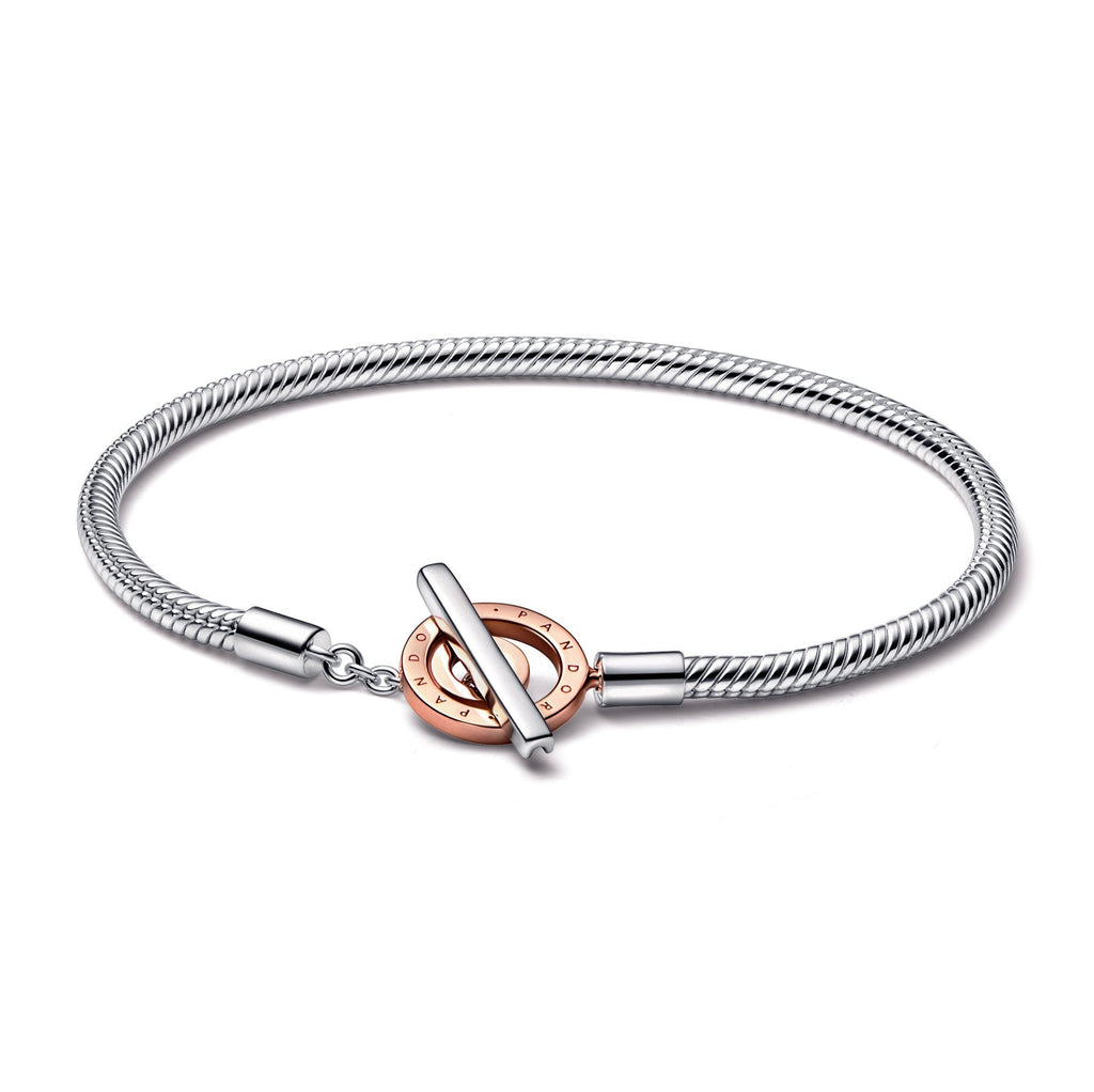 PANDORA Moments Two-tone Logo T-Bar Snake Chain Bracelet 14K Rose Gold Plated Unique Metal Blend Bracelets Jewelry Gift