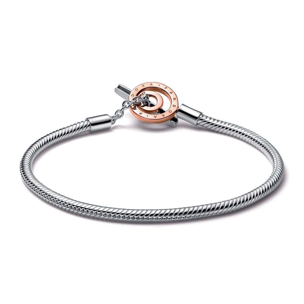 PANDORA Moments Two-tone Logo T-Bar Snake Chain Bracelet 14K Rose Gold Plated Unique Metal Blend Bracelets Jewelry Gift