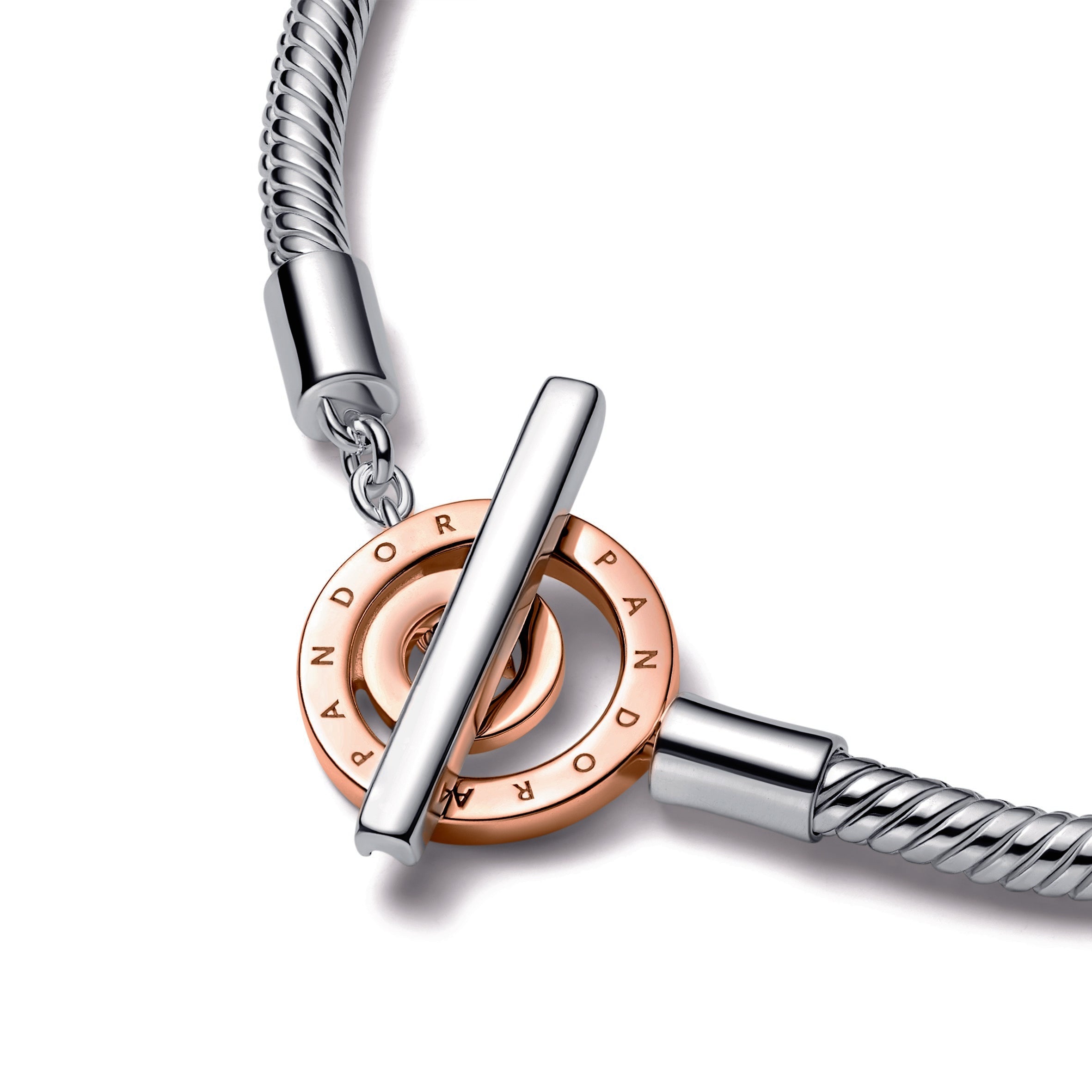 PANDORA Moments Two-tone Logo T-Bar Snake Chain Bracelet 14K Rose Gold Plated Unique Metal Blend Bracelets Jewelry Gift