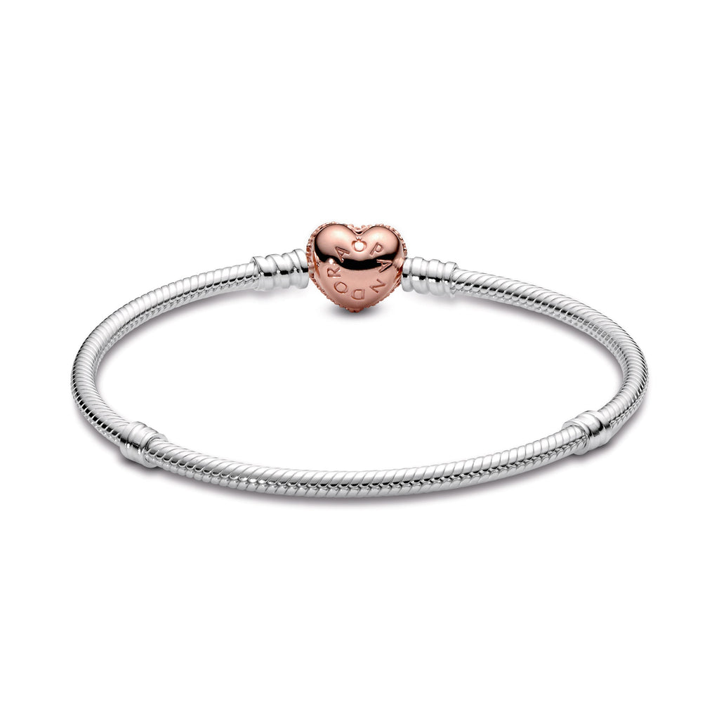 PANDORA Moments Pavé Heart Clasp Snake Chain Bracelet 14K Rose Gold Plated Unique Metal Blend Bracelets Jewelry Gift