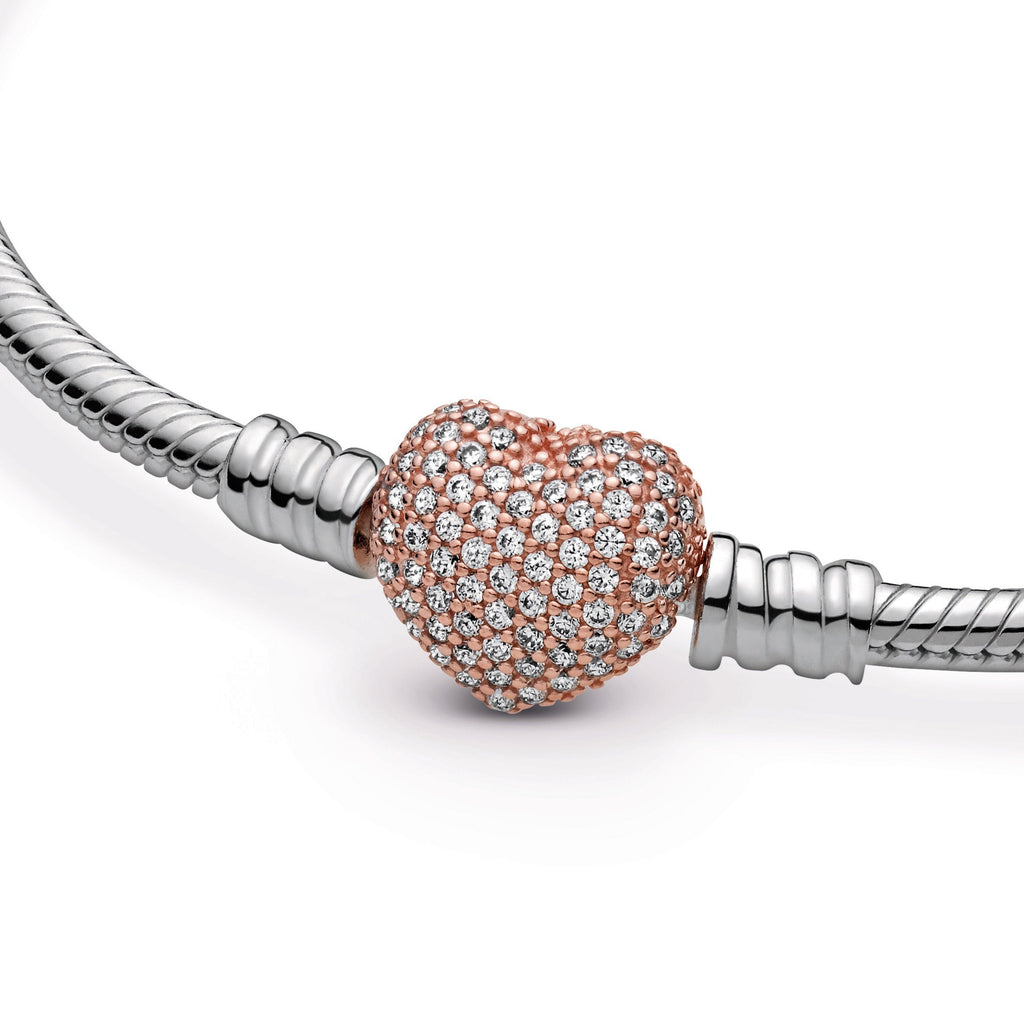 PANDORA Moments Pavé Heart Clasp Snake Chain Bracelet 14K Rose Gold Plated Unique Metal Blend Bracelets Jewelry Gift