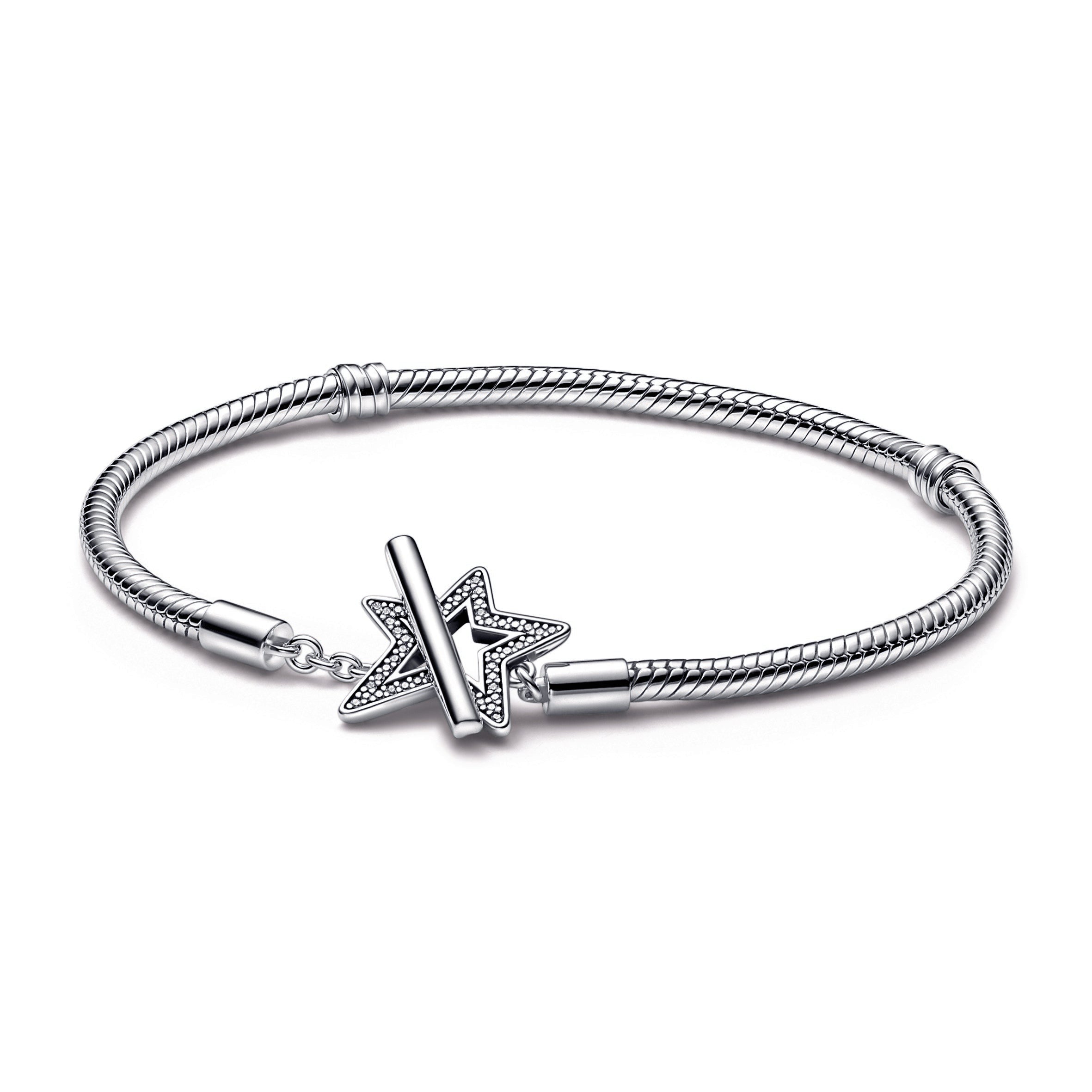 PANDORA Moments Asymmetric Star T-bar Snake Chain Bracelet Cubic Zirconia Bracelets Jewelry Gift