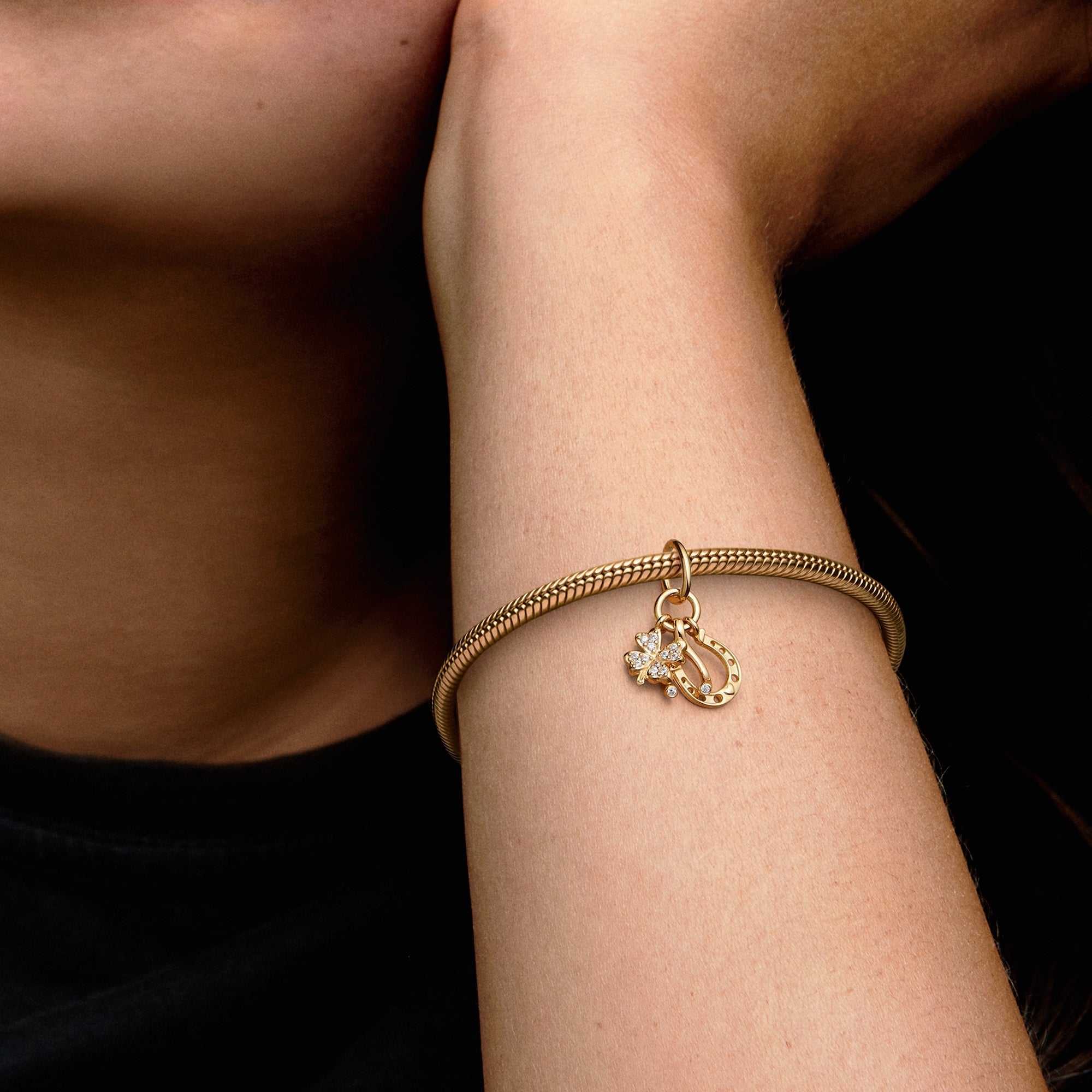 PANDORA Lucky Clover Wishbone And Horseshoe Dangle Charm 14K Gold Charms Bracelet Charm Jewelry Gift