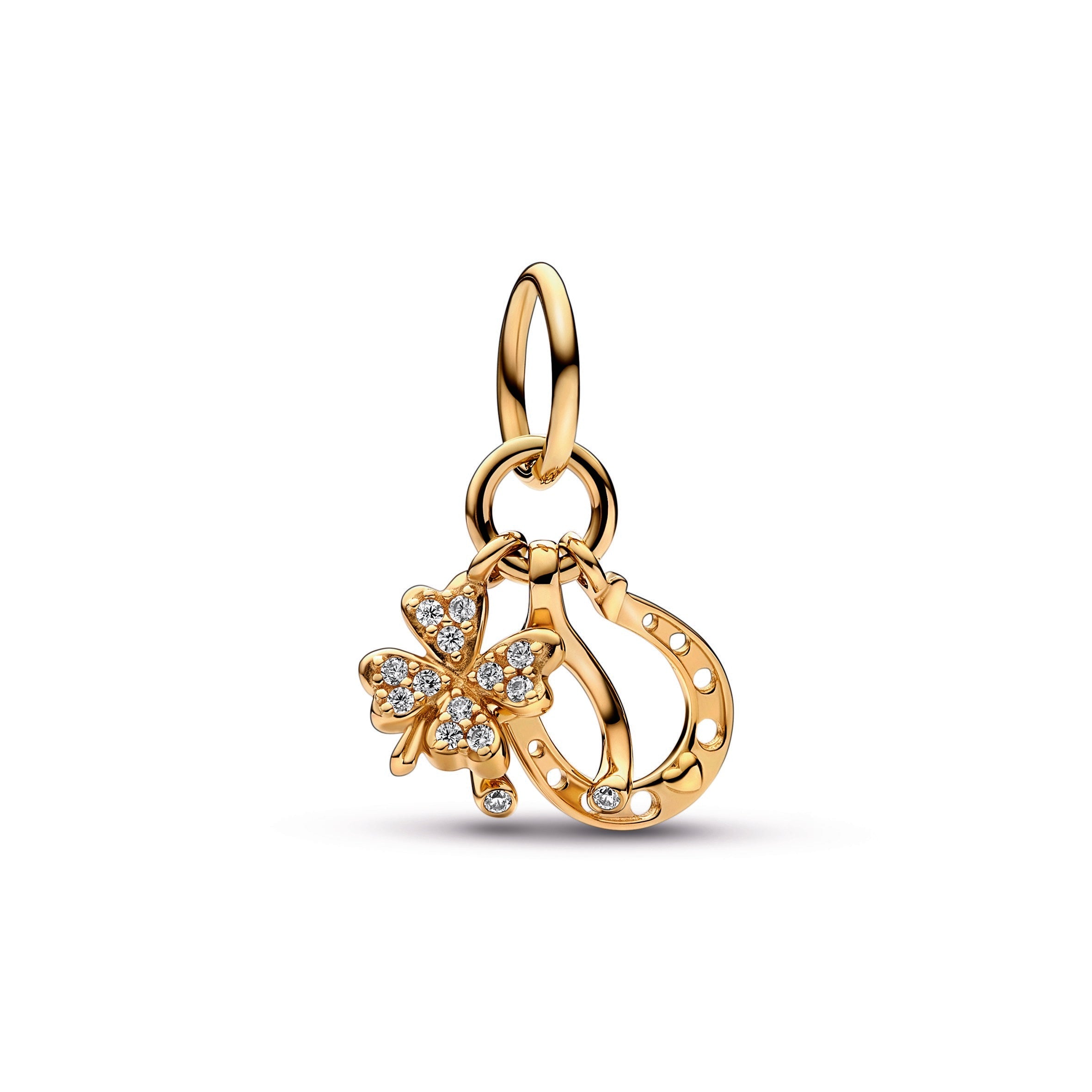 PANDORA Lucky Clover Wishbone And Horseshoe Dangle Charm 14K Gold Charms Bracelet Charm Jewelry Gift