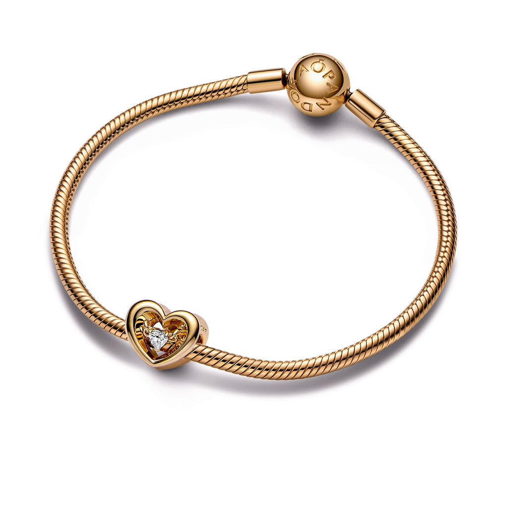 PANDORA Radiant Heart And Floating Stone Charm 14K Gold Plated Unique Metal Blend Charms Bracelet Charm Jewelry Gift