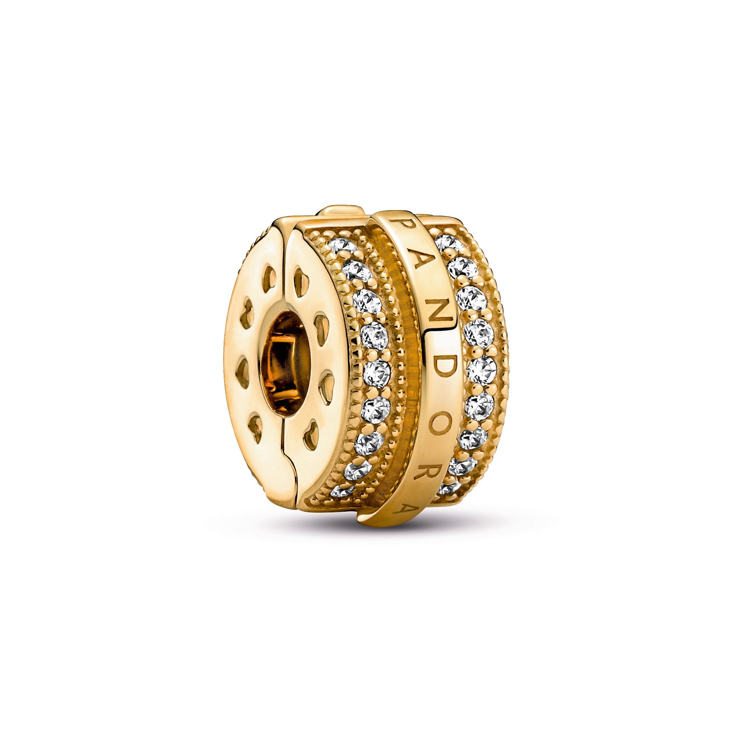 PANDORA Sparkling Pavé Lines And Logo Clip Charm 14K Gold Plated Unique Metal Blend Charms Bracelet Charm Jewelry Gift