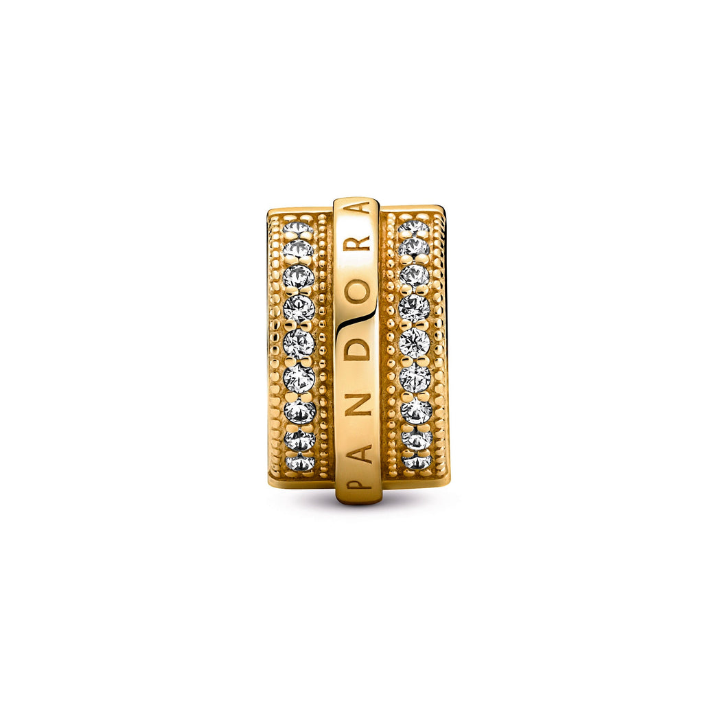 PANDORA Sparkling Pavé Lines And Logo Clip Charm 14K Gold Plated Unique Metal Blend Charms Bracelet Charm Jewelry Gift