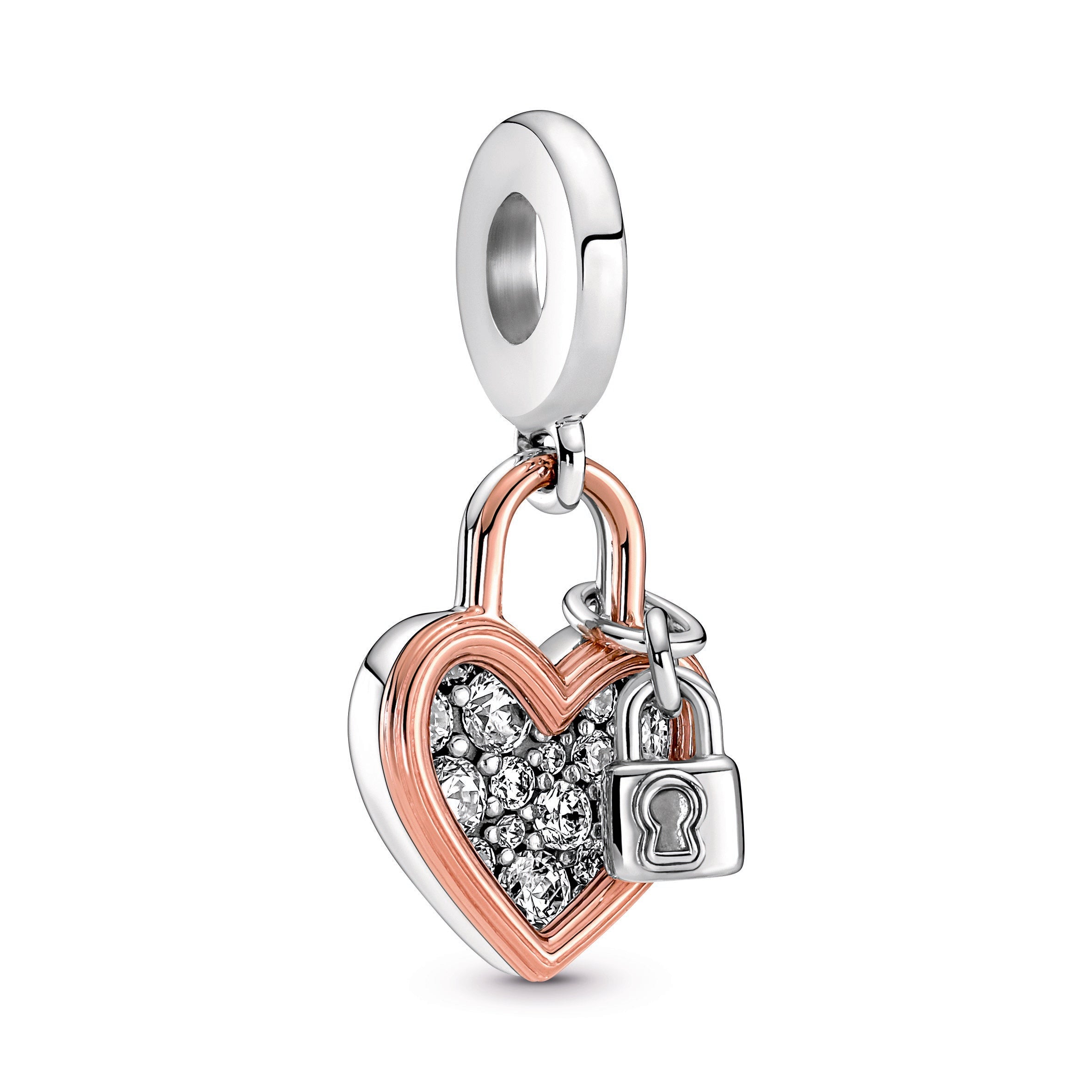 PANDORA Heart Padlock Double Dangle Charm 14K Rose Gold Plated Unique Metal Blend Love Charms Bracelet Charm Jewelry Gift