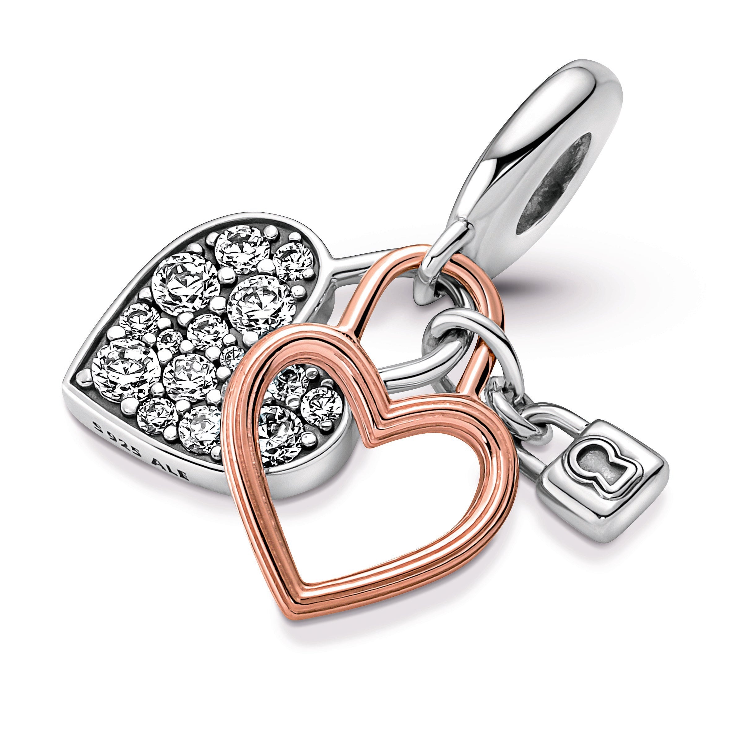 PANDORA Heart Padlock Double Dangle Charm 14K Rose Gold Plated Unique Metal Blend Love Charms Bracelet Charm Jewelry Gift