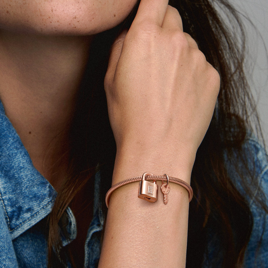 PANDORA Padlock And Key Dangle Charm 14K Rose Gold Plated Unique Metal Blend Love Charms Bracelet Charm Jewelry Gift