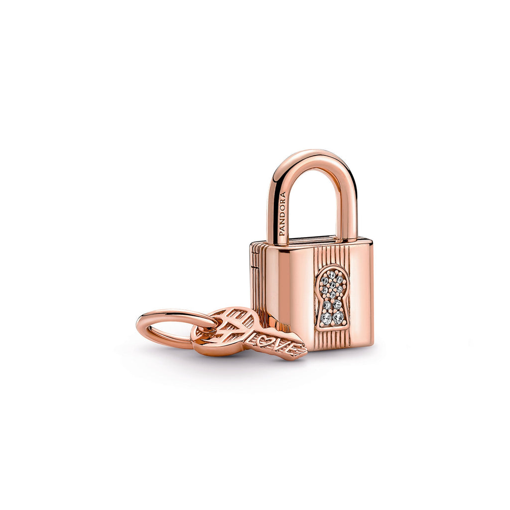 PANDORA Padlock And Key Dangle Charm 14K Rose Gold Plated Unique Metal Blend Love Charms Bracelet Charm Jewelry Gift