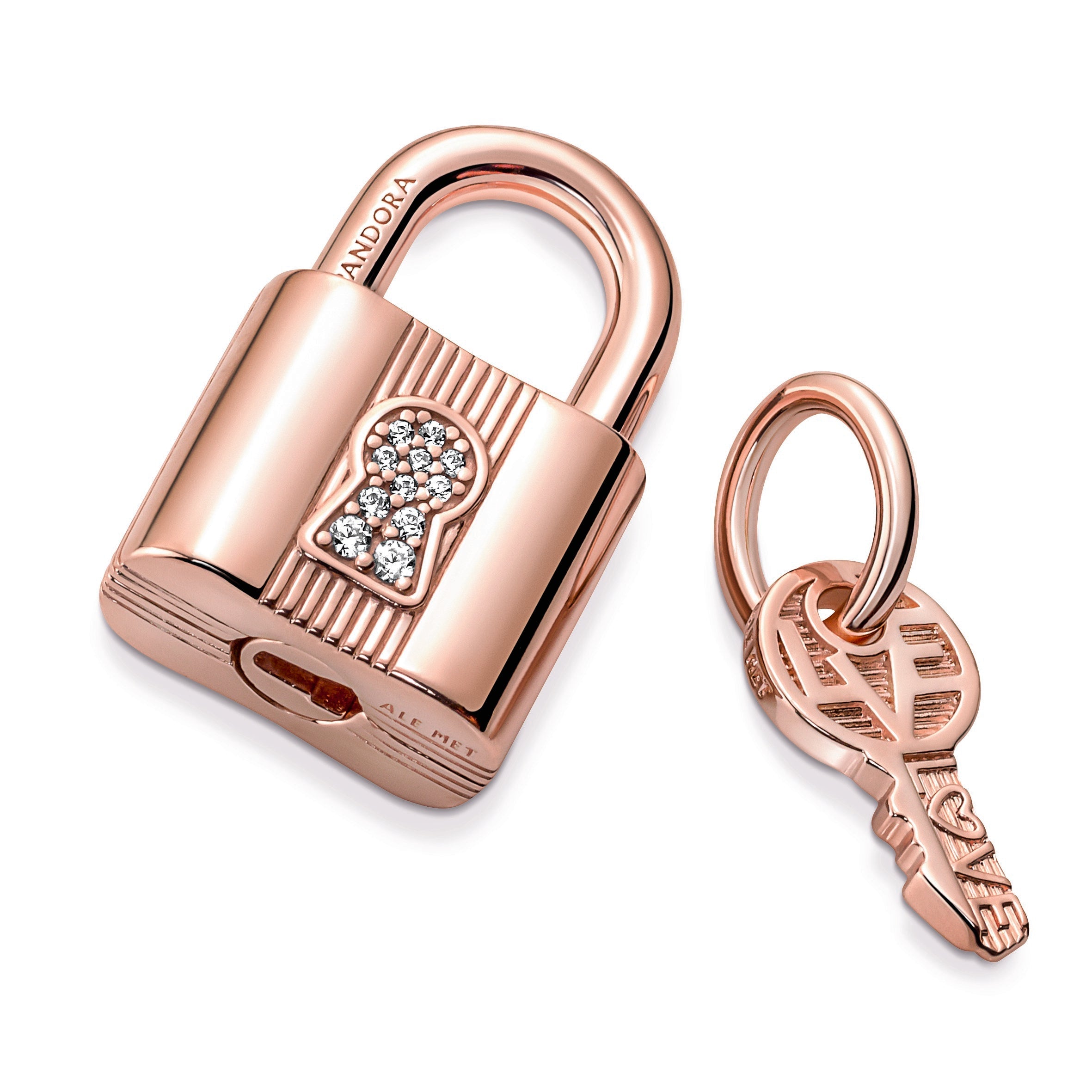 PANDORA Padlock And Key Dangle Charm 14K Rose Gold Plated Unique Metal Blend Love Charms Bracelet Charm Jewelry Gift