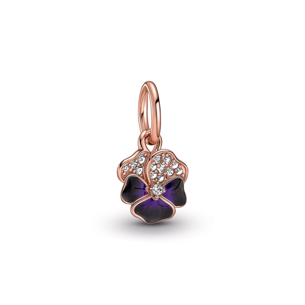 PANDORA Deep Purple Pansy Flower Dangle Charm 14K Rose Gold Plated Unique Metal Blend Charms Bracelet Charm Jewelry Gift