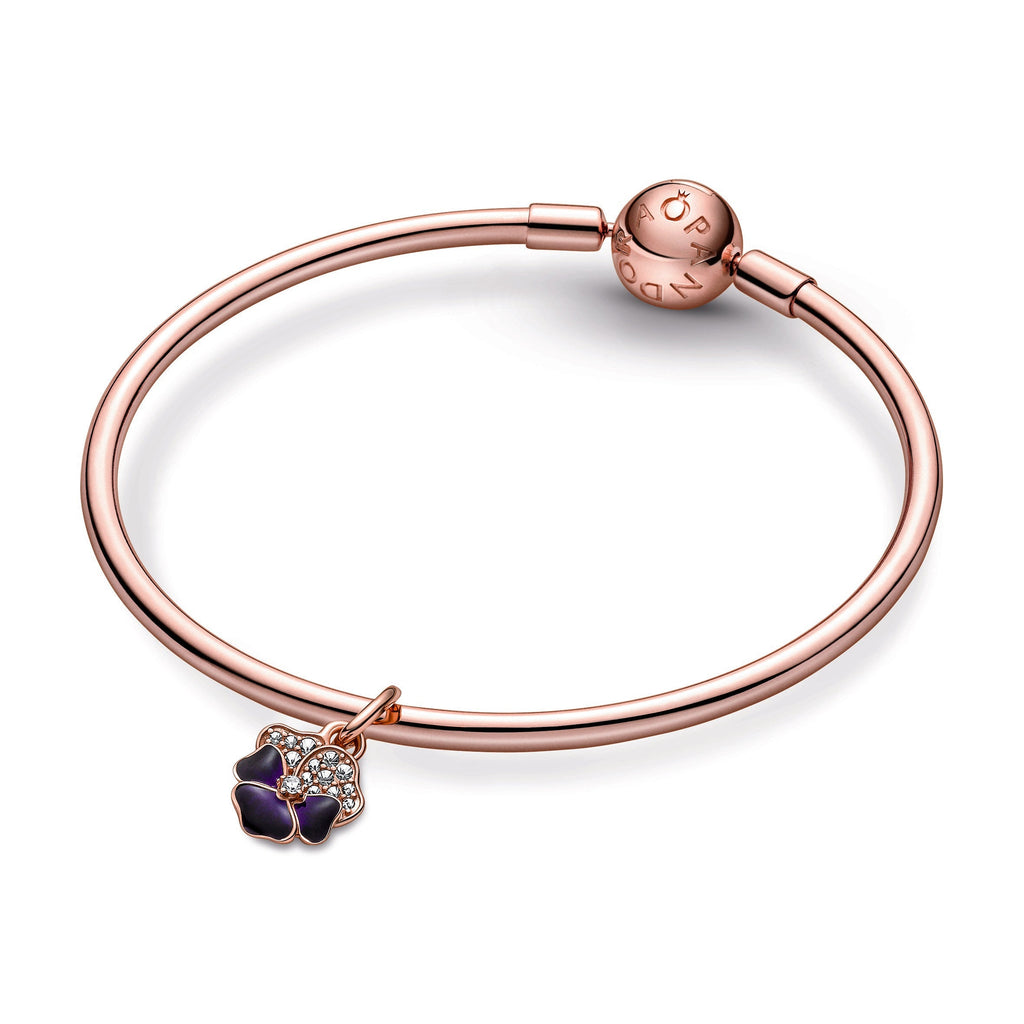 PANDORA Deep Purple Pansy Flower Dangle Charm 14K Rose Gold Plated Unique Metal Blend Charms Bracelet Charm Jewelry Gift