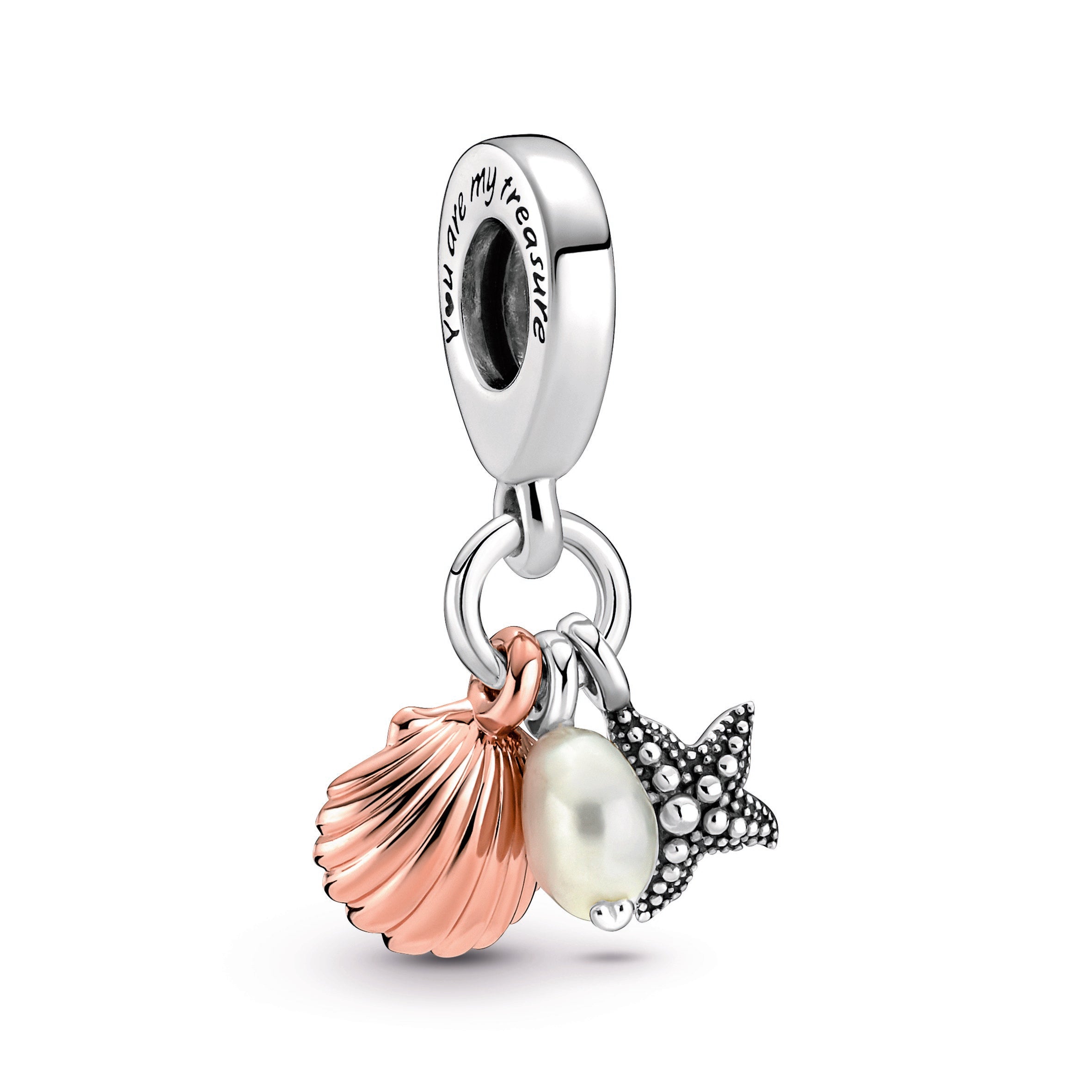 PANDORA Freshwater Cultured Pearl Starfish And Shell Triple Dangle Charm 14K Rose Gold Plated Unique Metal Blend Charms Bracelet Charm Jewelry Gift