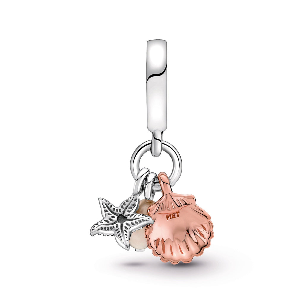 PANDORA Freshwater Cultured Pearl Starfish And Shell Triple Dangle Charm 14K Rose Gold Plated Unique Metal Blend Charms Bracelet Charm Jewelry Gift