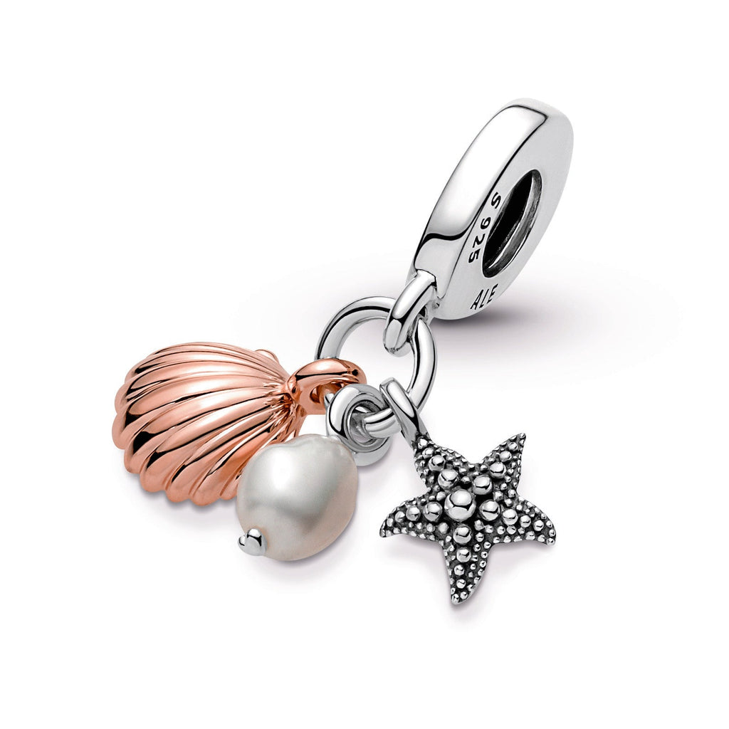 PANDORA Freshwater Cultured Pearl Starfish And Shell Triple Dangle Charm 14K Rose Gold Plated Unique Metal Blend Charms Bracelet Charm Jewelry Gift