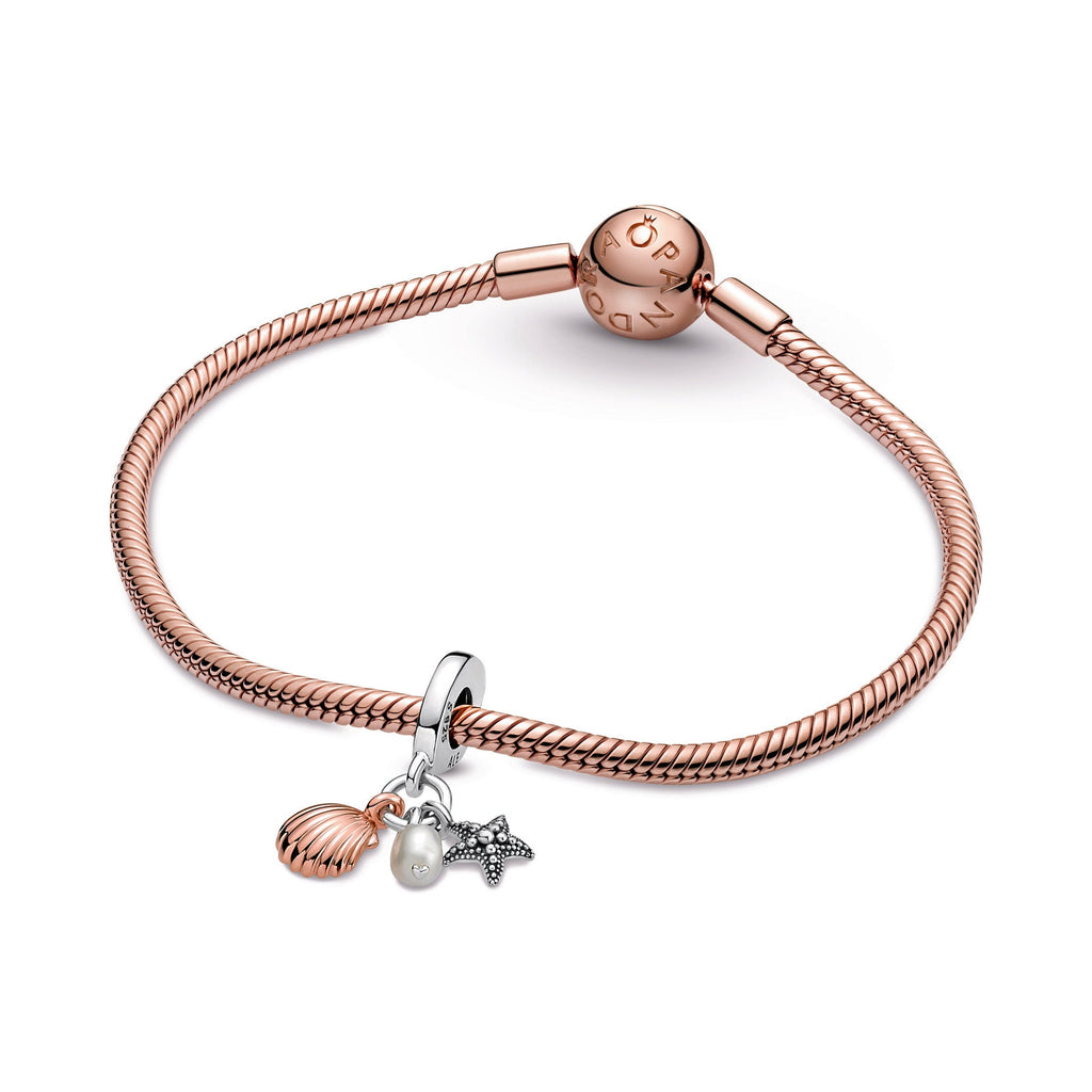PANDORA Freshwater Cultured Pearl Starfish And Shell Triple Dangle Charm 14K Rose Gold Plated Unique Metal Blend Charms Bracelet Charm Jewelry Gift