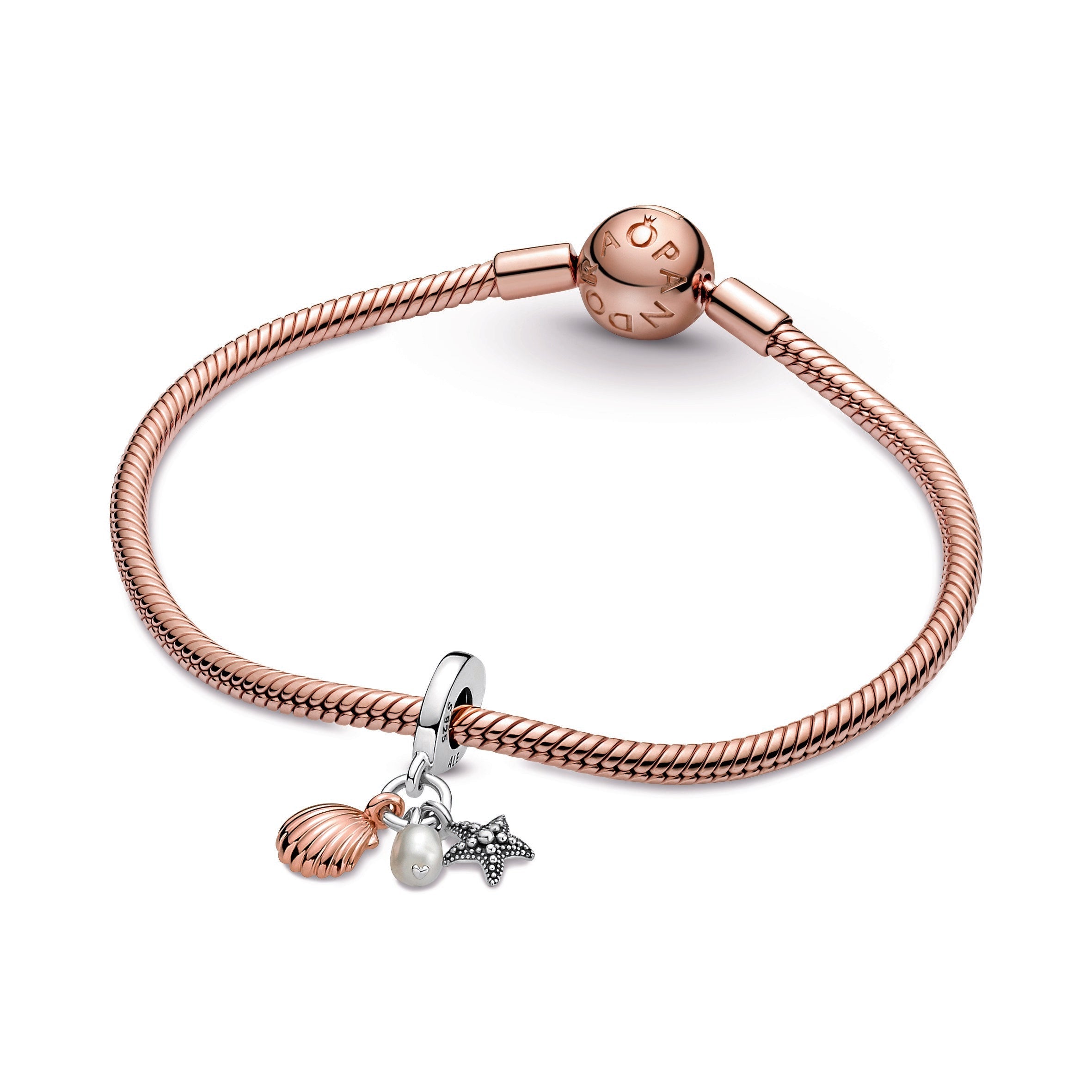 PANDORA Freshwater Cultured Pearl Starfish And Shell Triple Dangle Charm 14K Rose Gold Plated Unique Metal Blend Charms Bracelet Charm Jewelry Gift