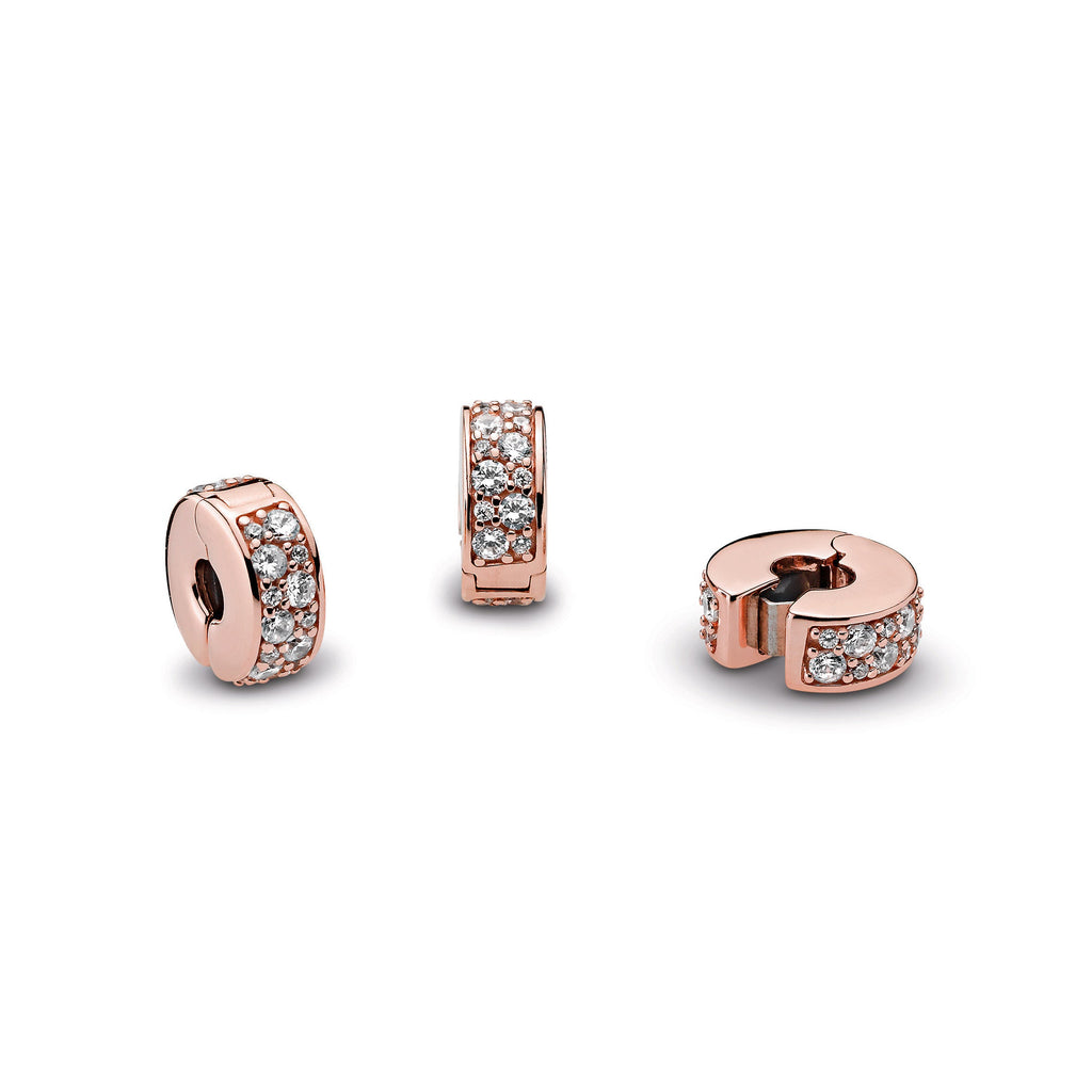 PANDORA Clear Pavé Clip Charm 14K Rose Gold Plated Unique Metal Blend Love Charms Bracelet Charm Jewelry Gift