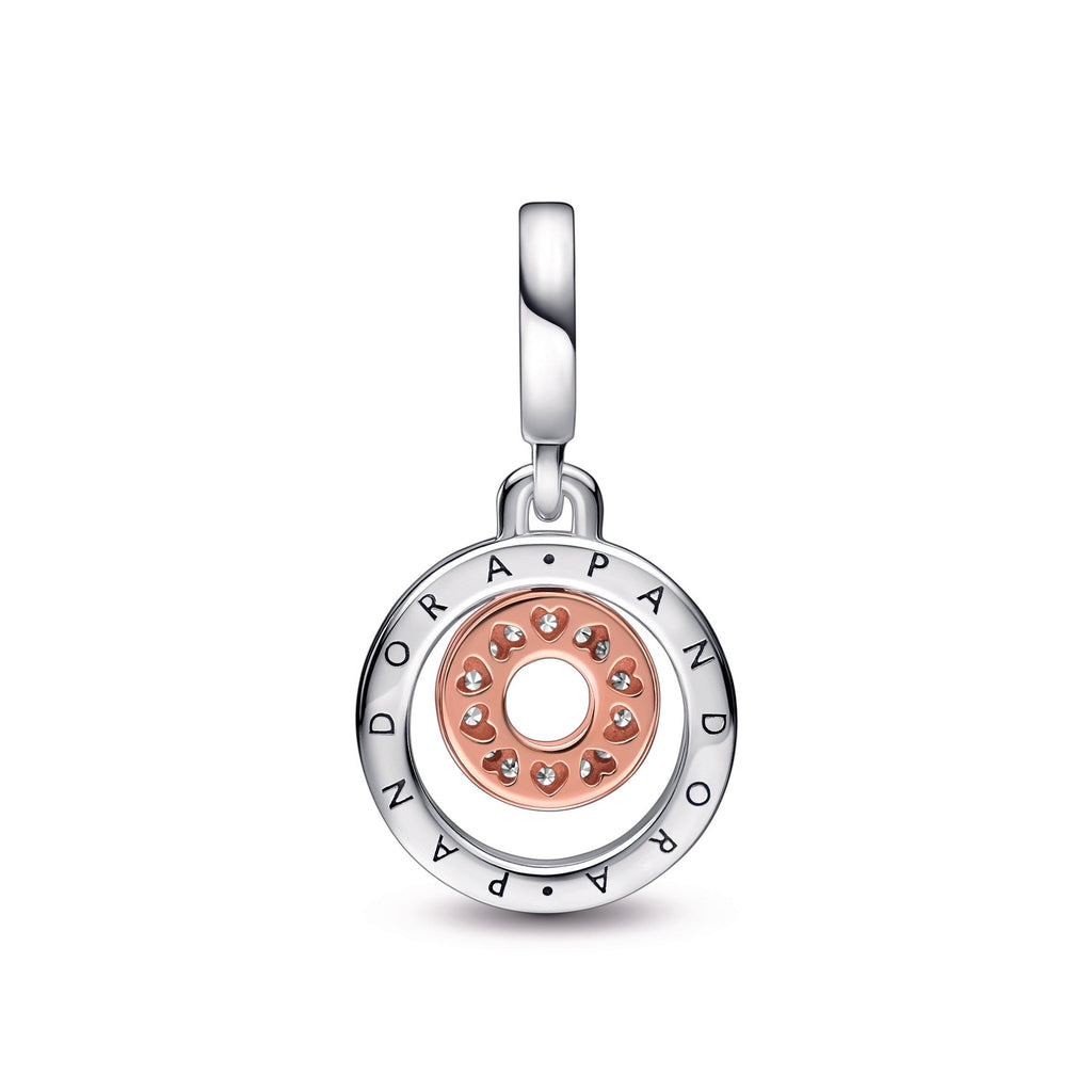 Two-tone PANDORA Logo Circles Dangle Charm 14K Rose Gold Plated Unique Metal Blend Charms Bracelet Charm Jewelry Gift