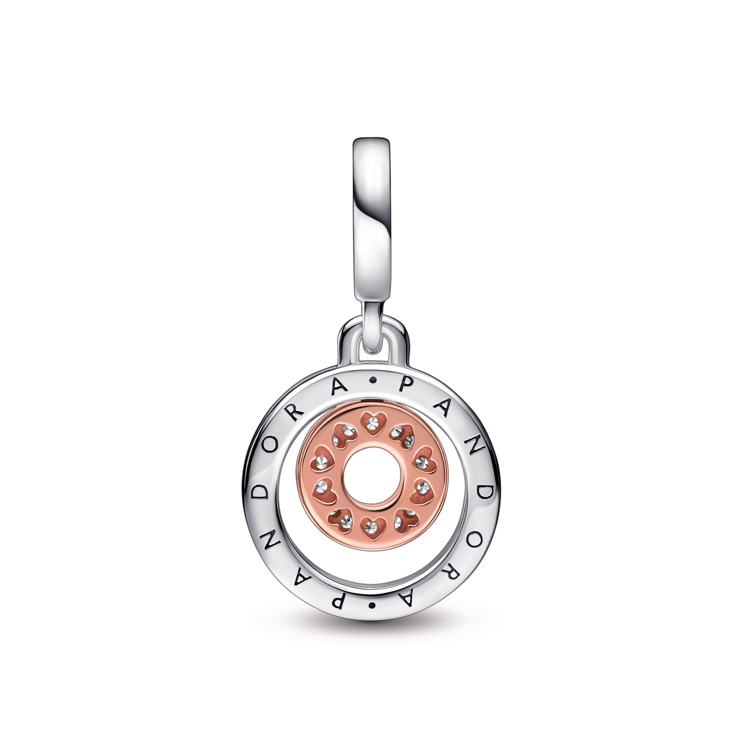 Two-tone PANDORA Logo Circles Dangle Charm 14K Rose Gold Plated Unique Metal Blend Charms Bracelet Charm Jewelry Gift