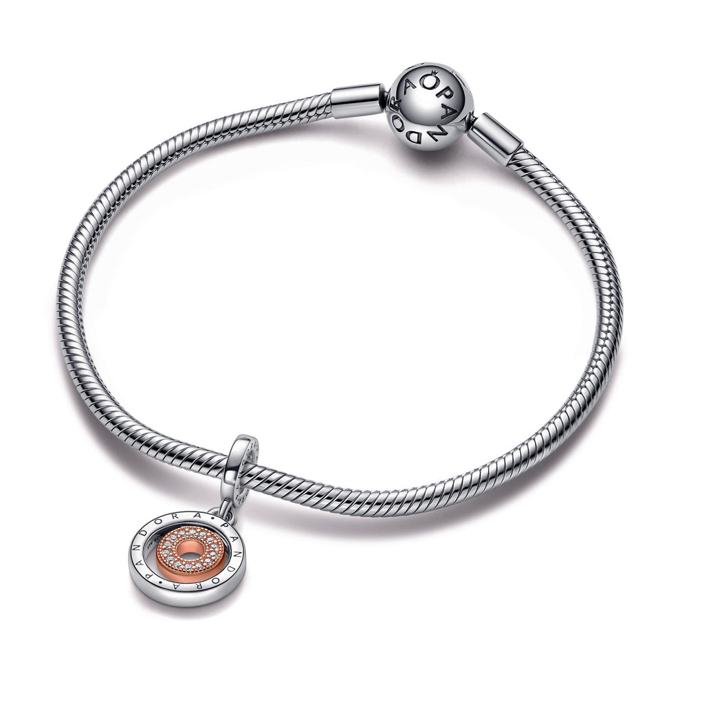 Two-tone PANDORA Logo Circles Dangle Charm 14K Rose Gold Plated Unique Metal Blend Charms Bracelet Charm Jewelry Gift